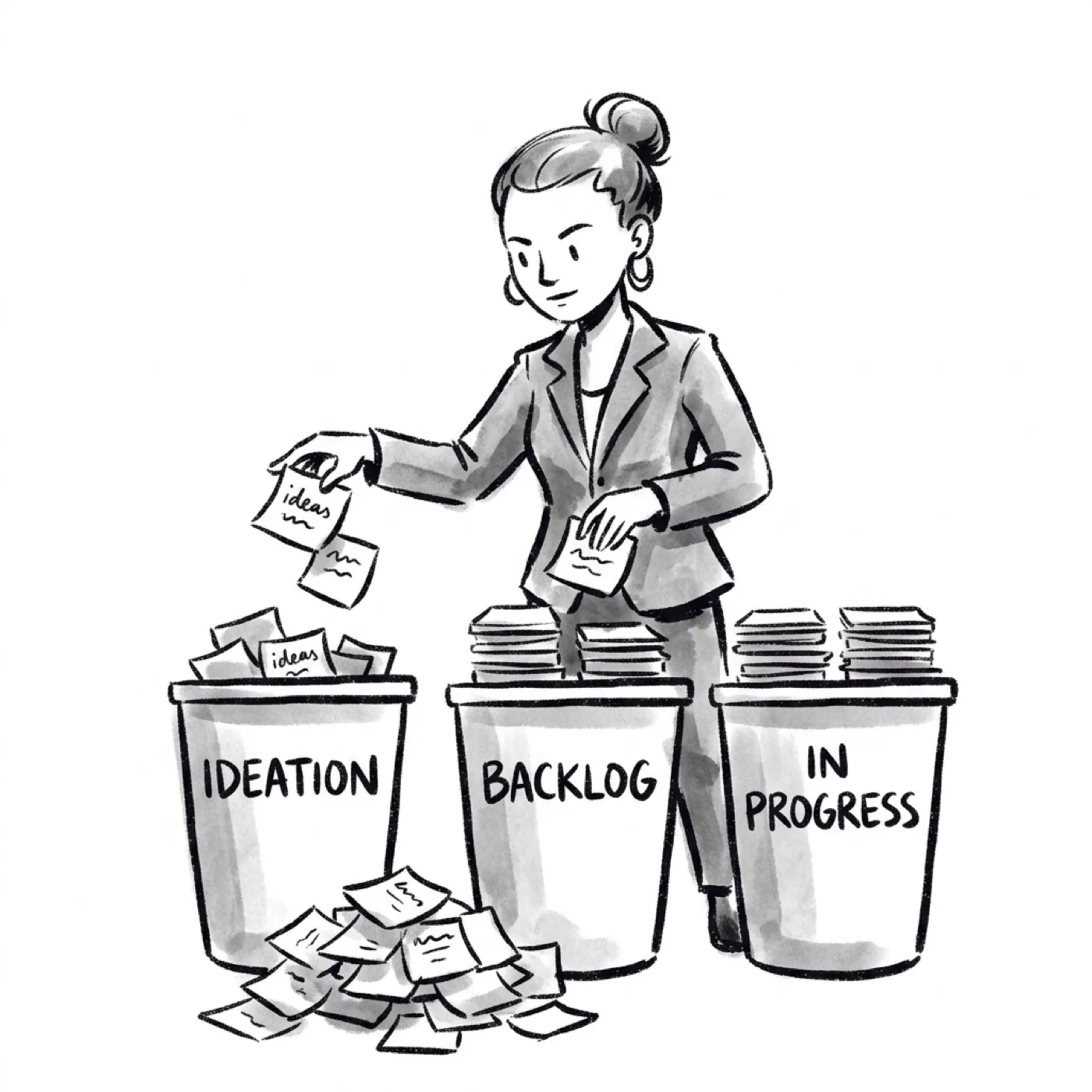 Sorting sticky notes into three labeled bins