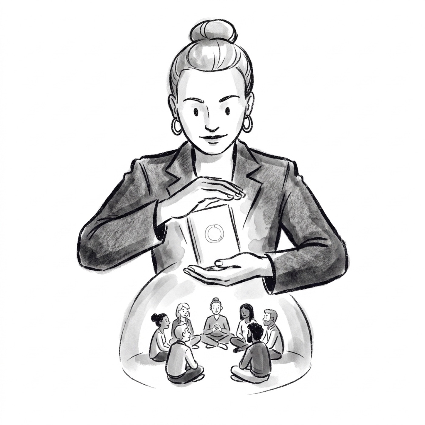 A product manager cupping a small glowing note while the team sits in a safe circle