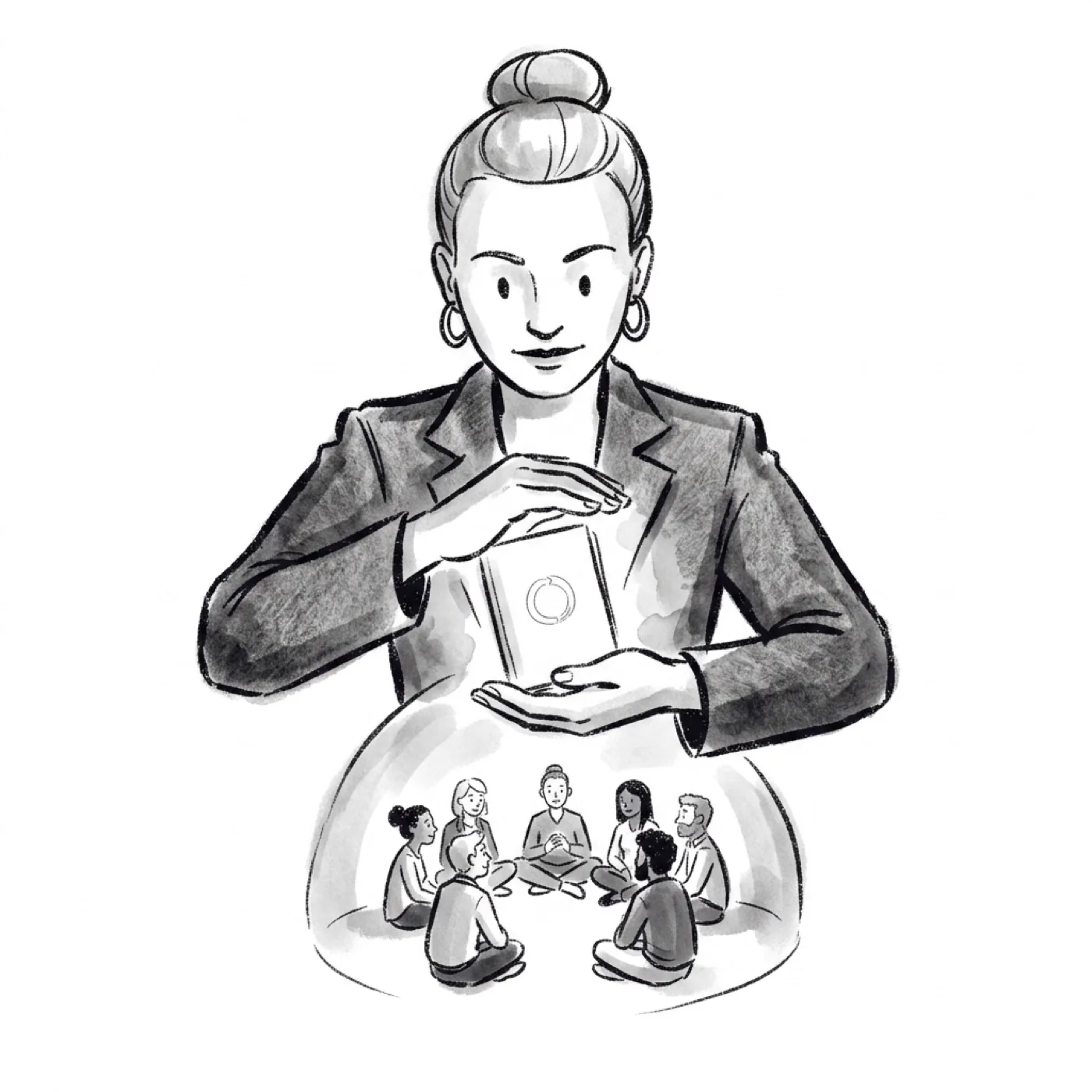 A product manager cupping a small glowing note while the team sits in a safe circle