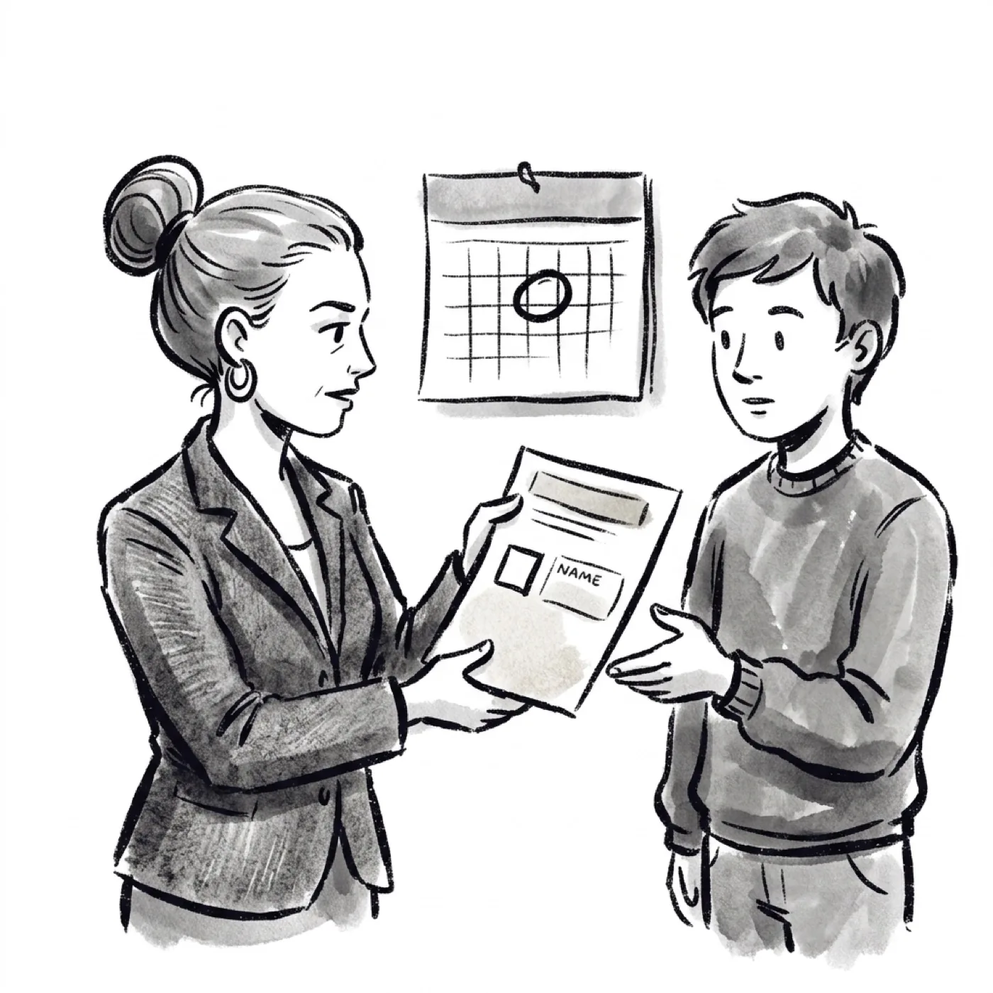 A product manager handing an action card with an owner and a due date to a teammate