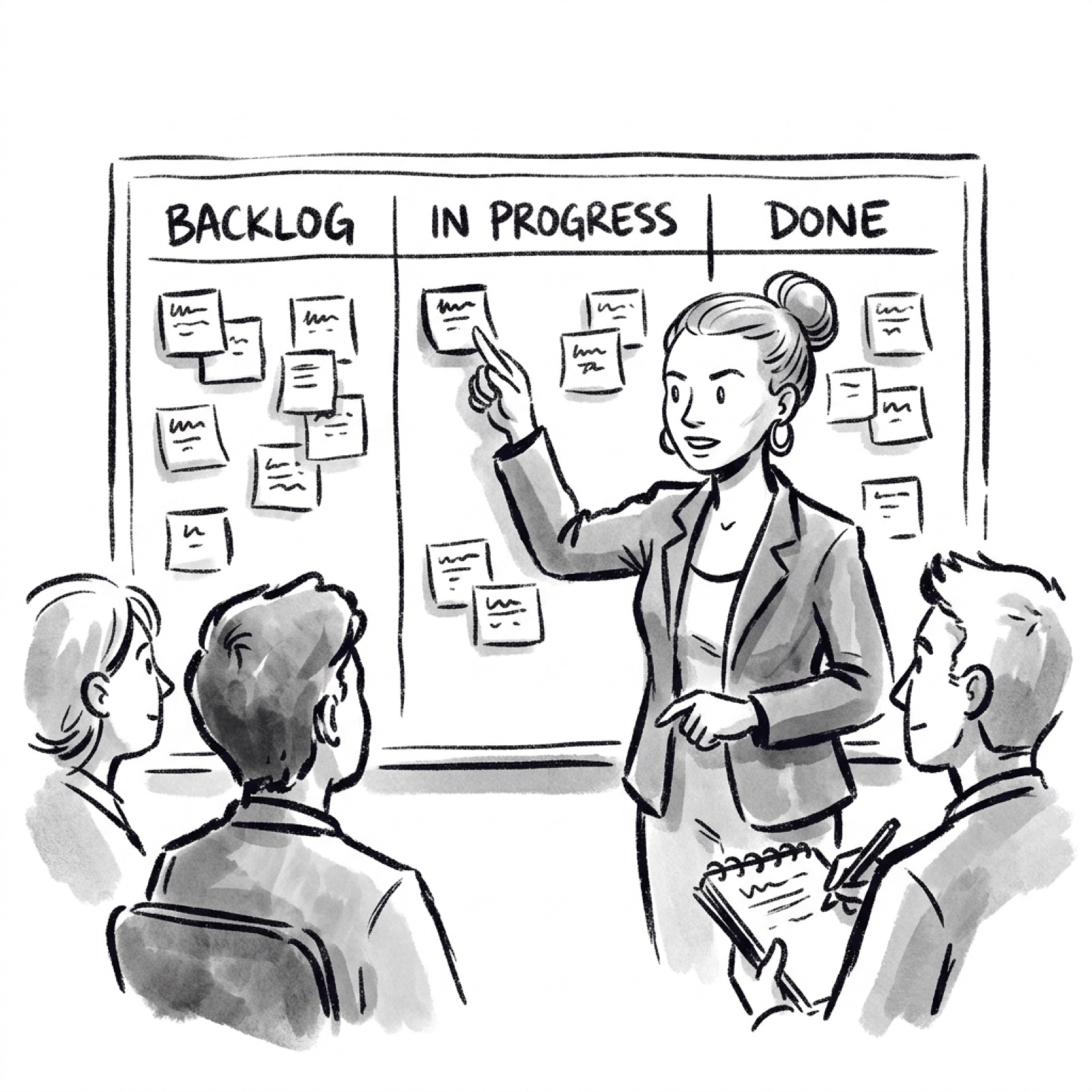 A product manager at a whiteboard of sticky notes, running a retro with the team