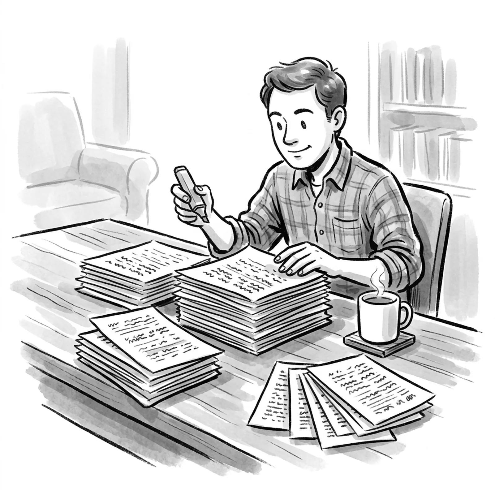 A product manager at a long table sorting a tall stack of printed job postings into neat piles with a highlighter