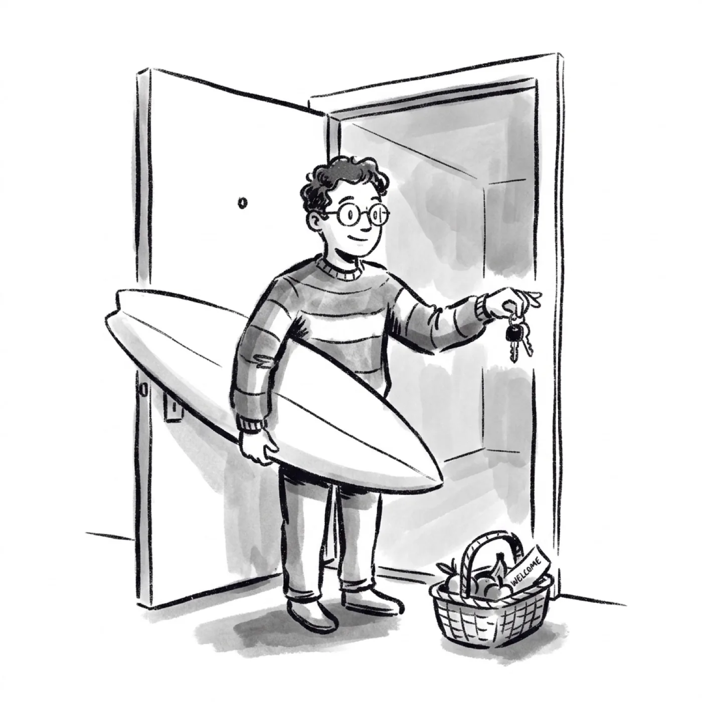 A host at an open door hands a guest a surfboard and a set of car keys, a welcome basket on the floor