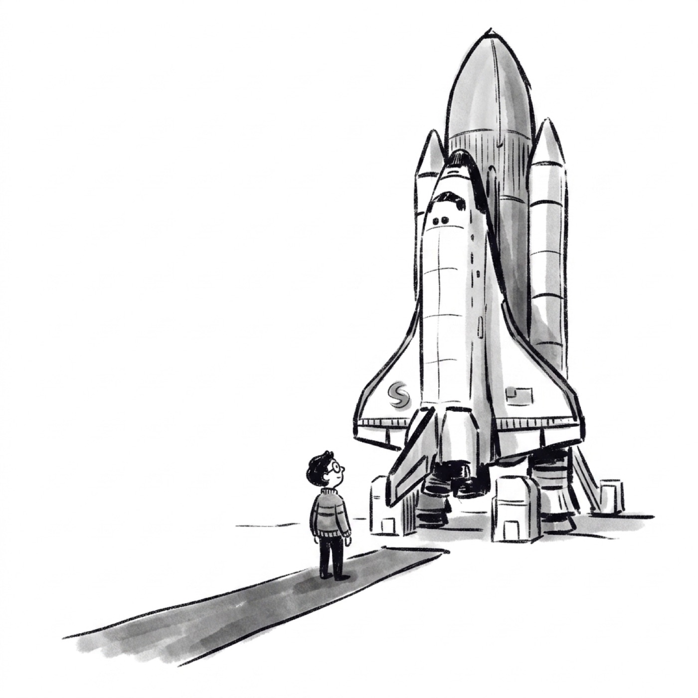 A tiny figure stands beside an enormous rocket on a launchpad, a red carpet leading up to it