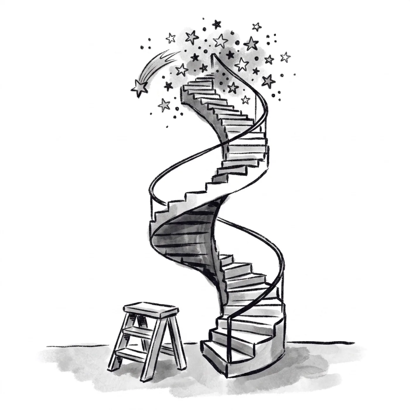 A tiny stepstool sits beside a towering spiral staircase that climbs into a cluster of stars