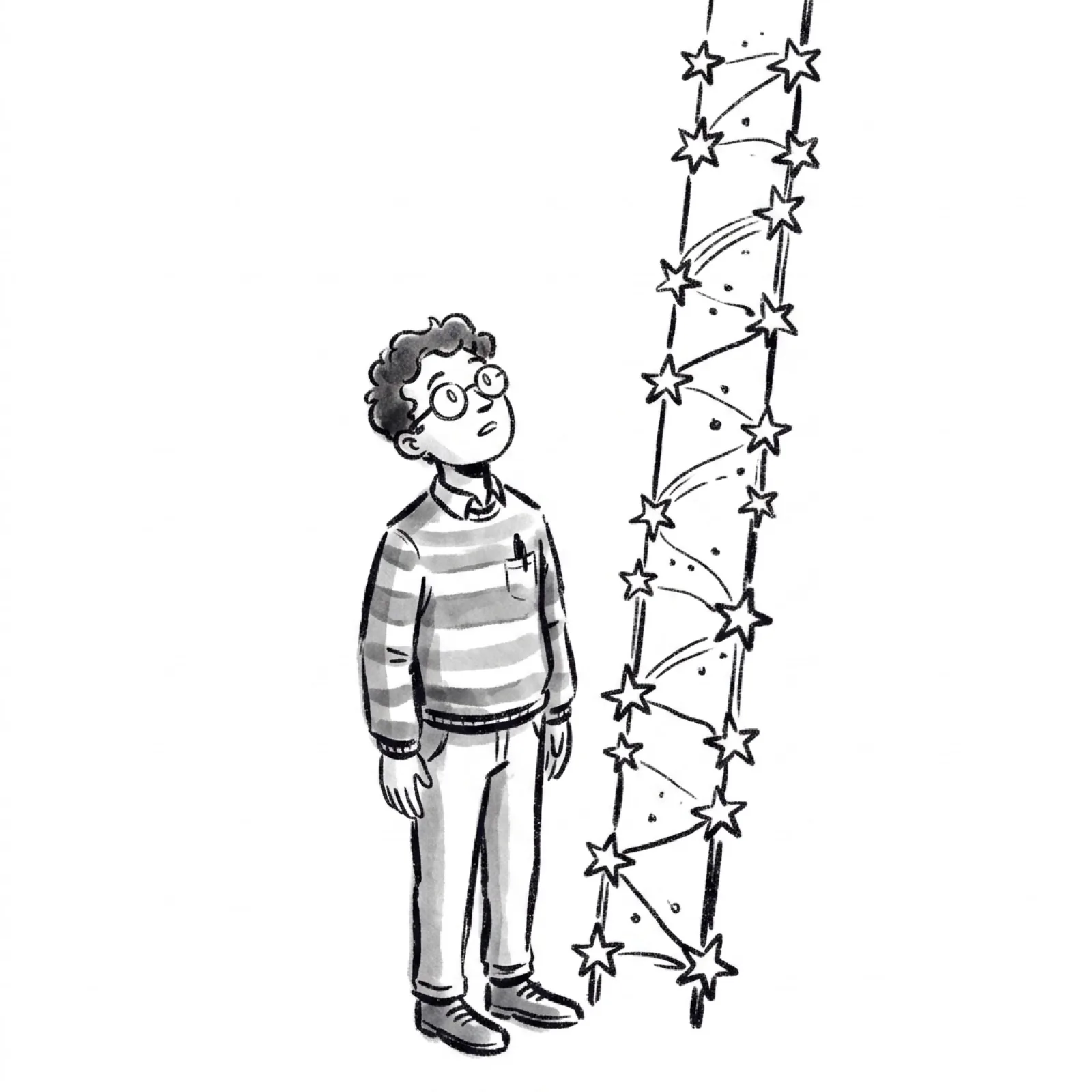 A product manager looks up at a ladder of stars stretching past the top of the frame