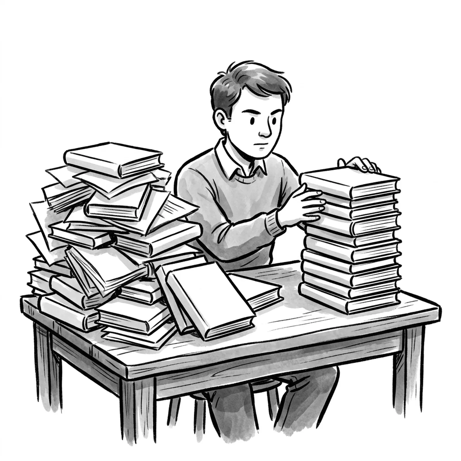 A product manager at a wooden desk sorting a tall pile of books into one short stack of thirteen, with the rest pushed to the side