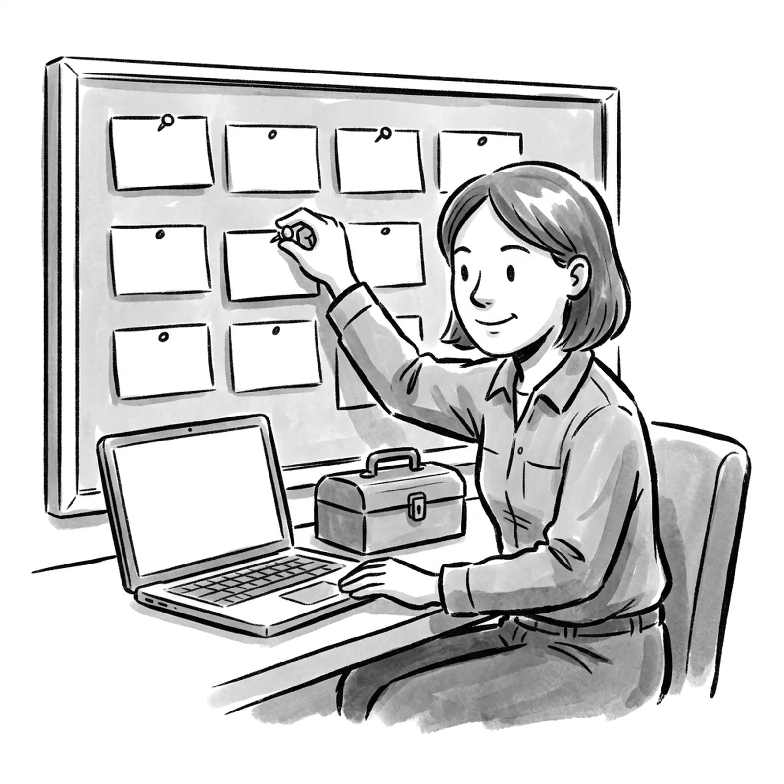 A product manager at a desk pins blank index cards in rows onto a corkboard beside an open laptop and a small toolbox