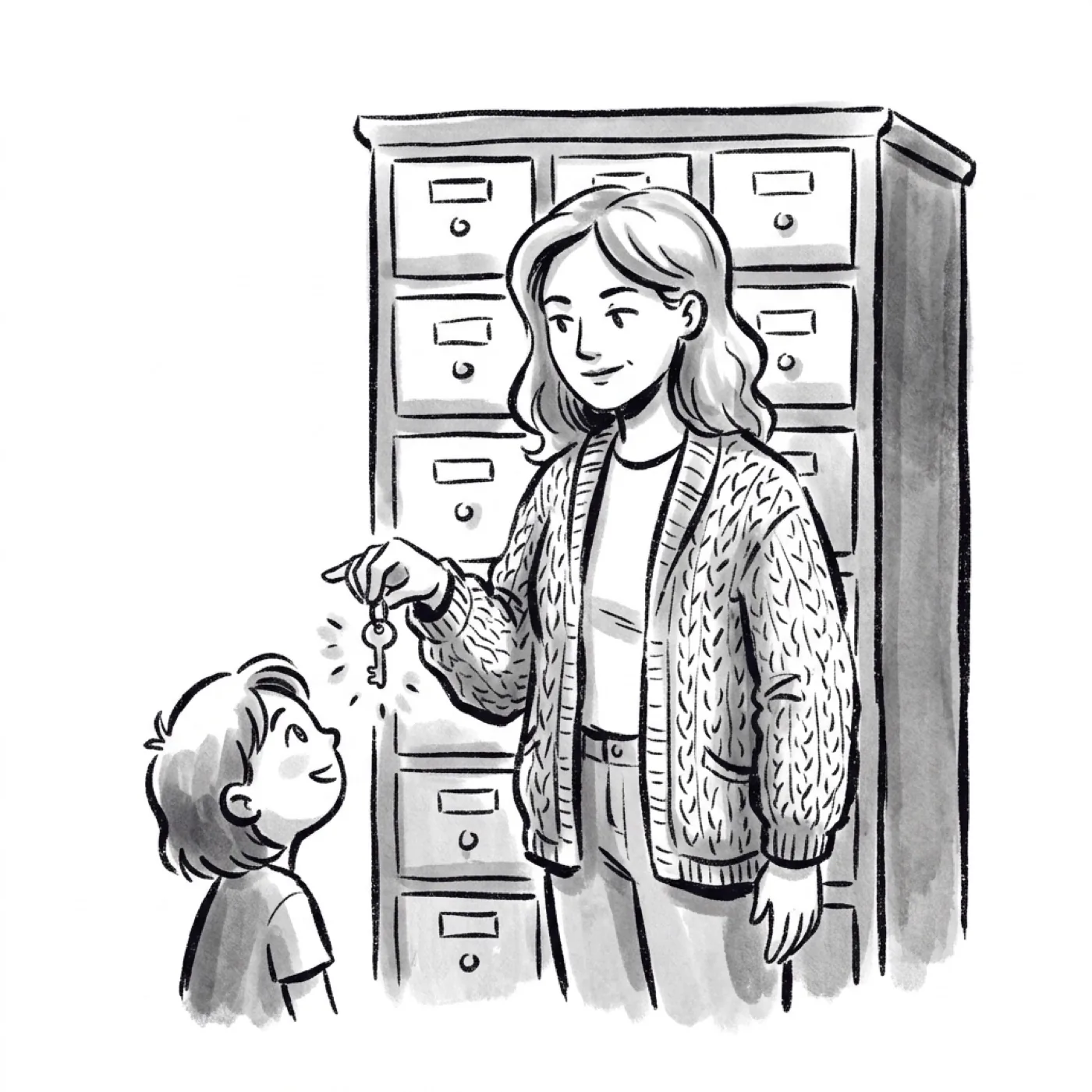 A product manager hands a single glowing key to a new user while a cabinet of closed drawers waits behind