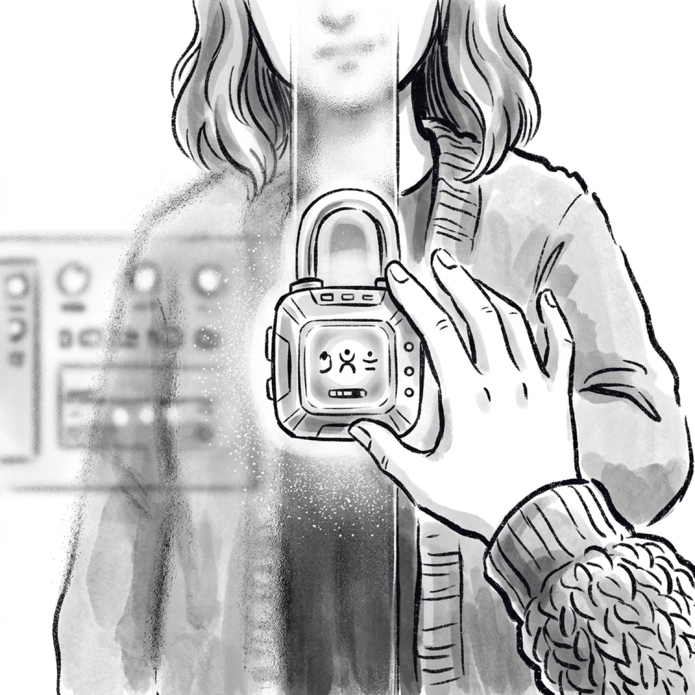 Extreme close-up of a hand reaching toward a glowing padlock, the next area shimmering behind glass