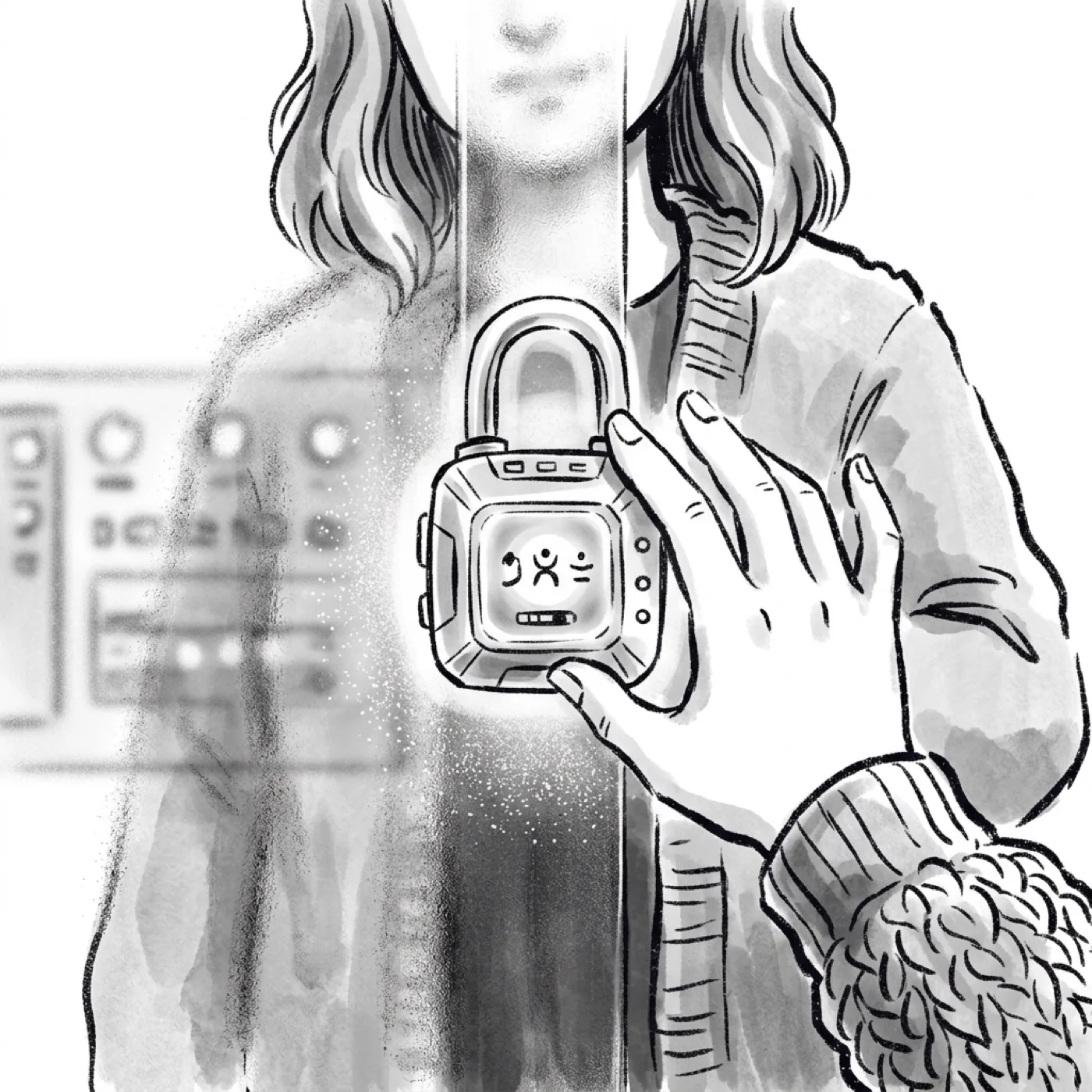 Extreme close-up of a hand reaching toward a glowing padlock, the next area shimmering behind glass