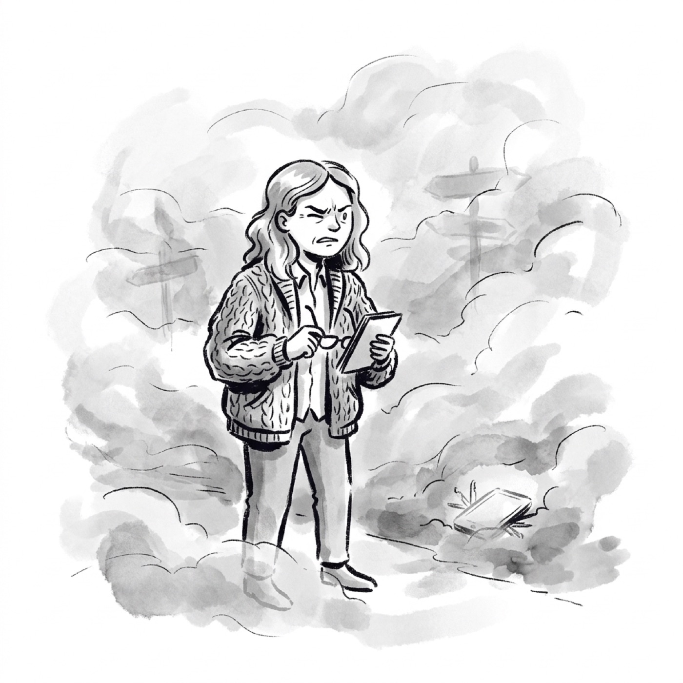 A product manager squints, lost in thick fog, one useful tool glowing just off the path
