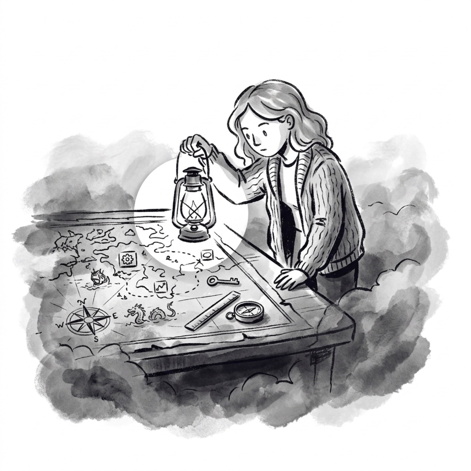 A product manager as an explorer, lantern raised over a half-fogged map
