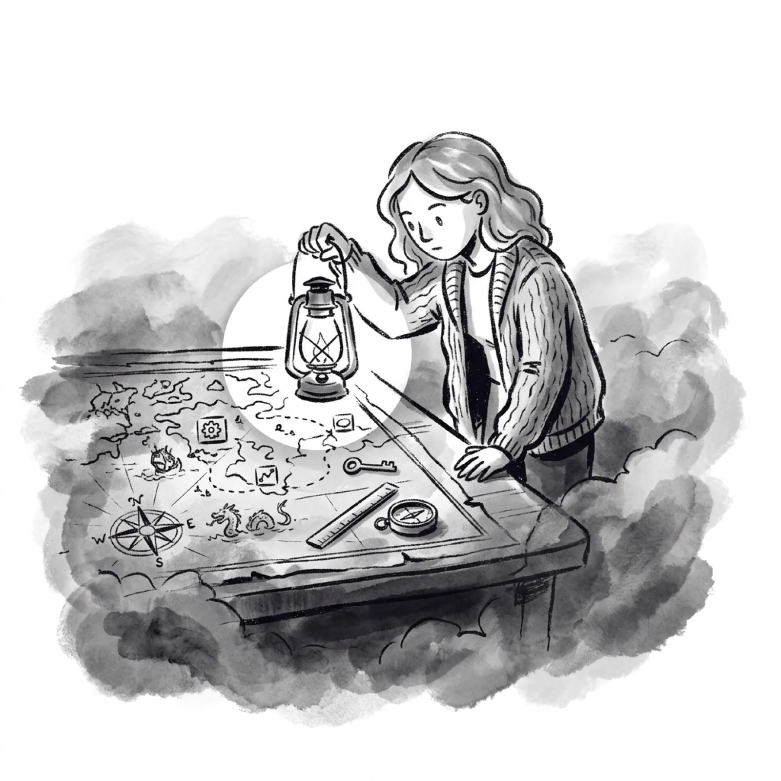 A product manager as an explorer, lantern raised over a half-fogged map