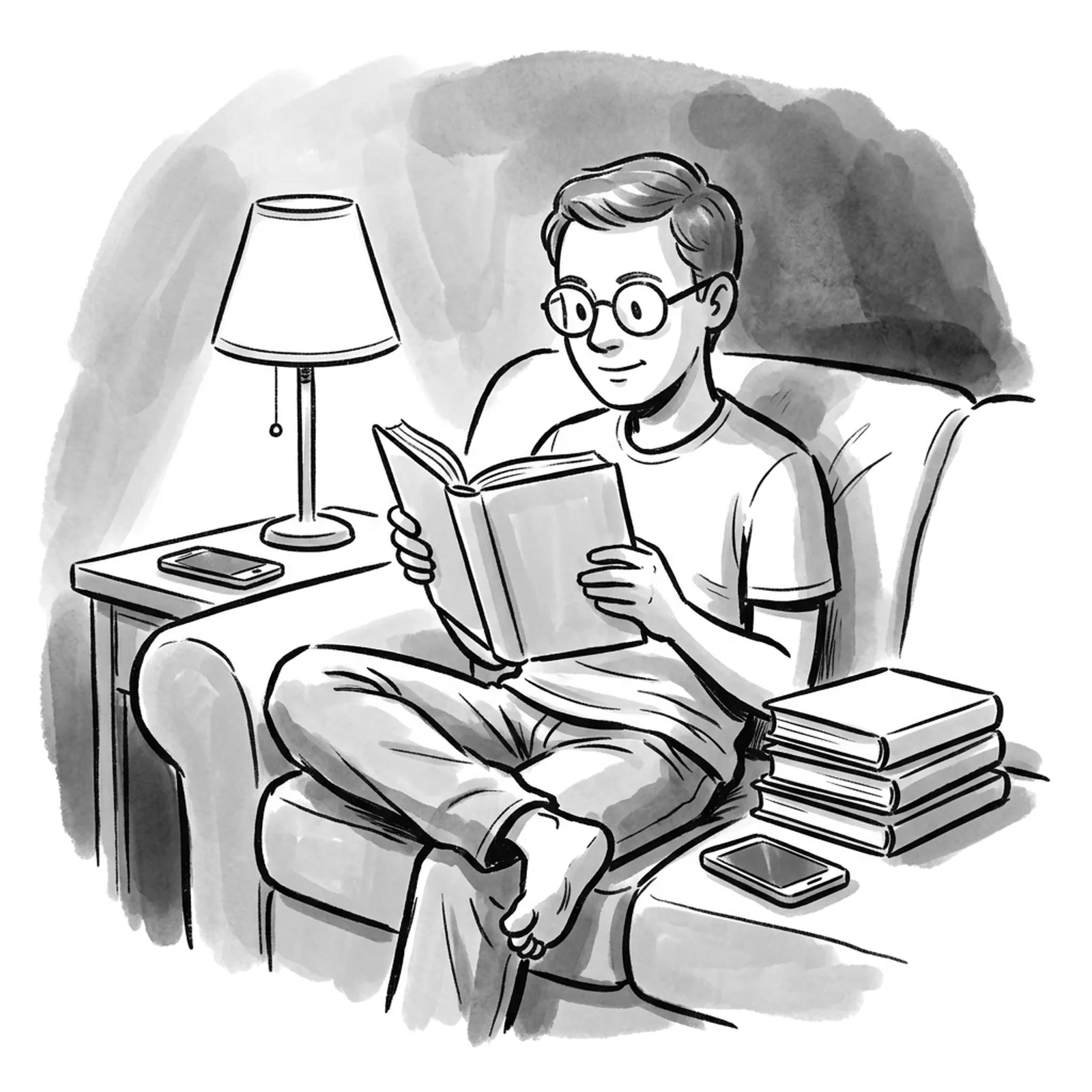 A product manager on a sofa reading by lamplight at bedtime, a short neat stack of three books on the side table and a phone face down beside them