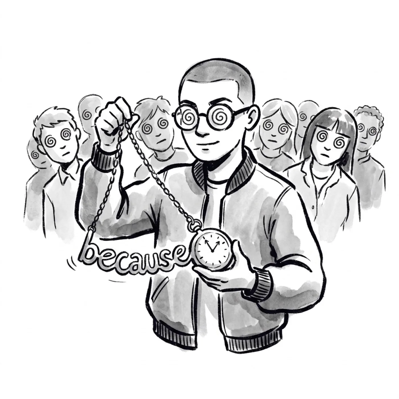 A product manager as a hypnotist swings a pocket watch shaped like the word "because" while onlookers nod