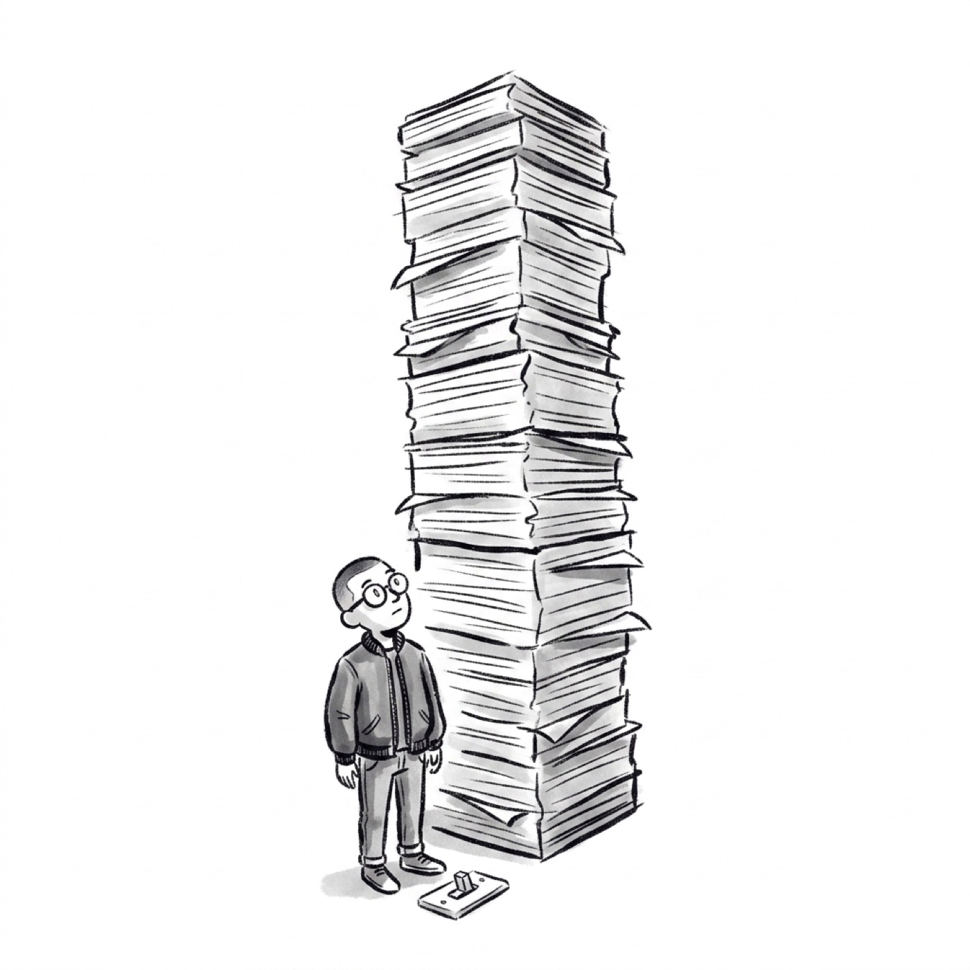 A tiny product manager stands at the base of a colossal tower of stacked paper reams, a light switch on the floor nearby
