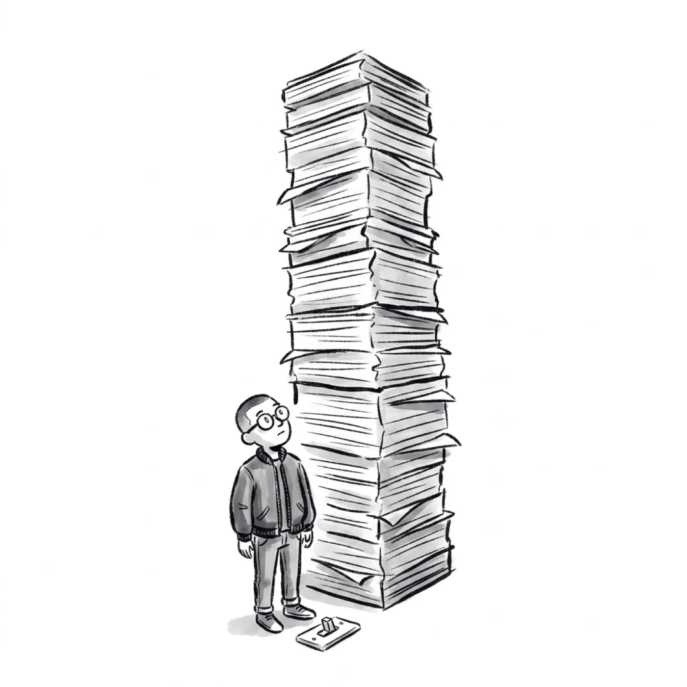 A tiny product manager stands at the base of a colossal tower of stacked paper reams, a light switch on the floor nearby