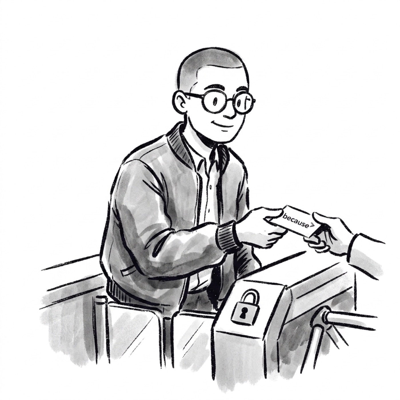 A product manager hands a card labeled "because" to a user standing at a turnstile gate