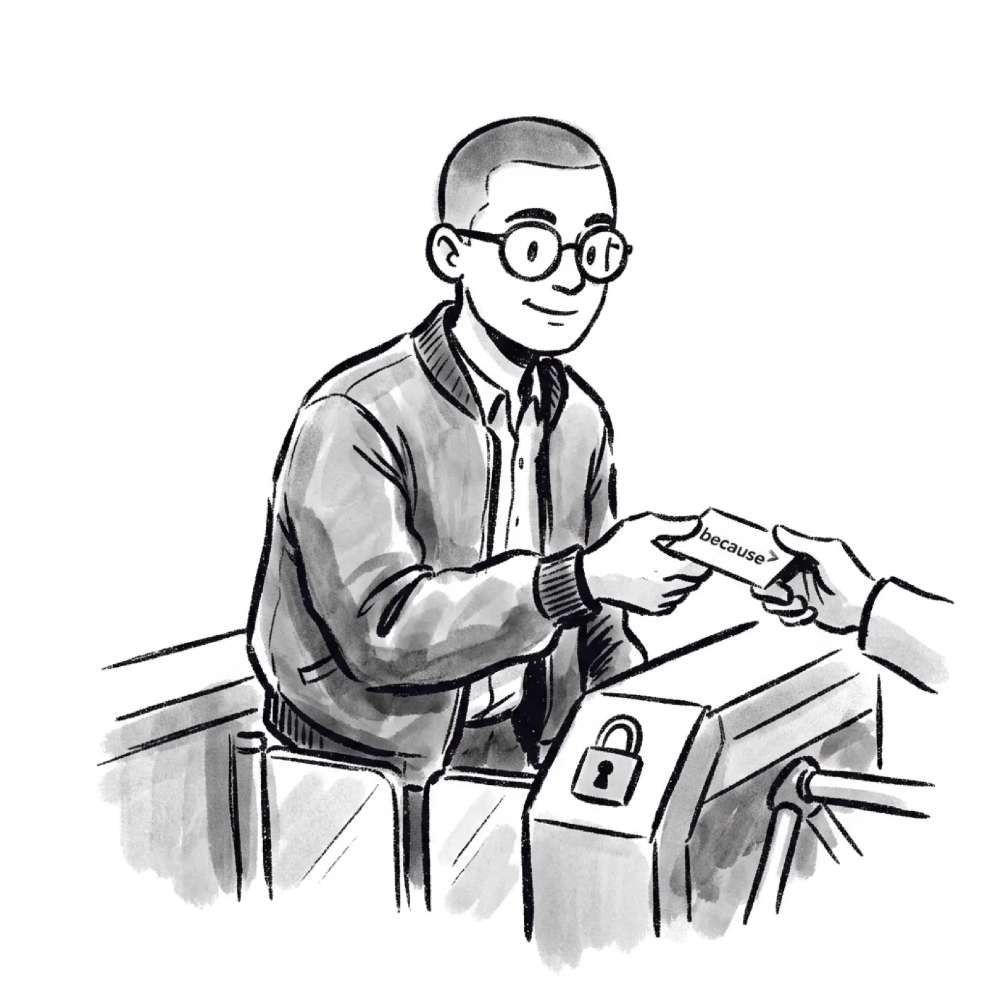 A product manager hands a card labeled "because" to a user standing at a turnstile gate
