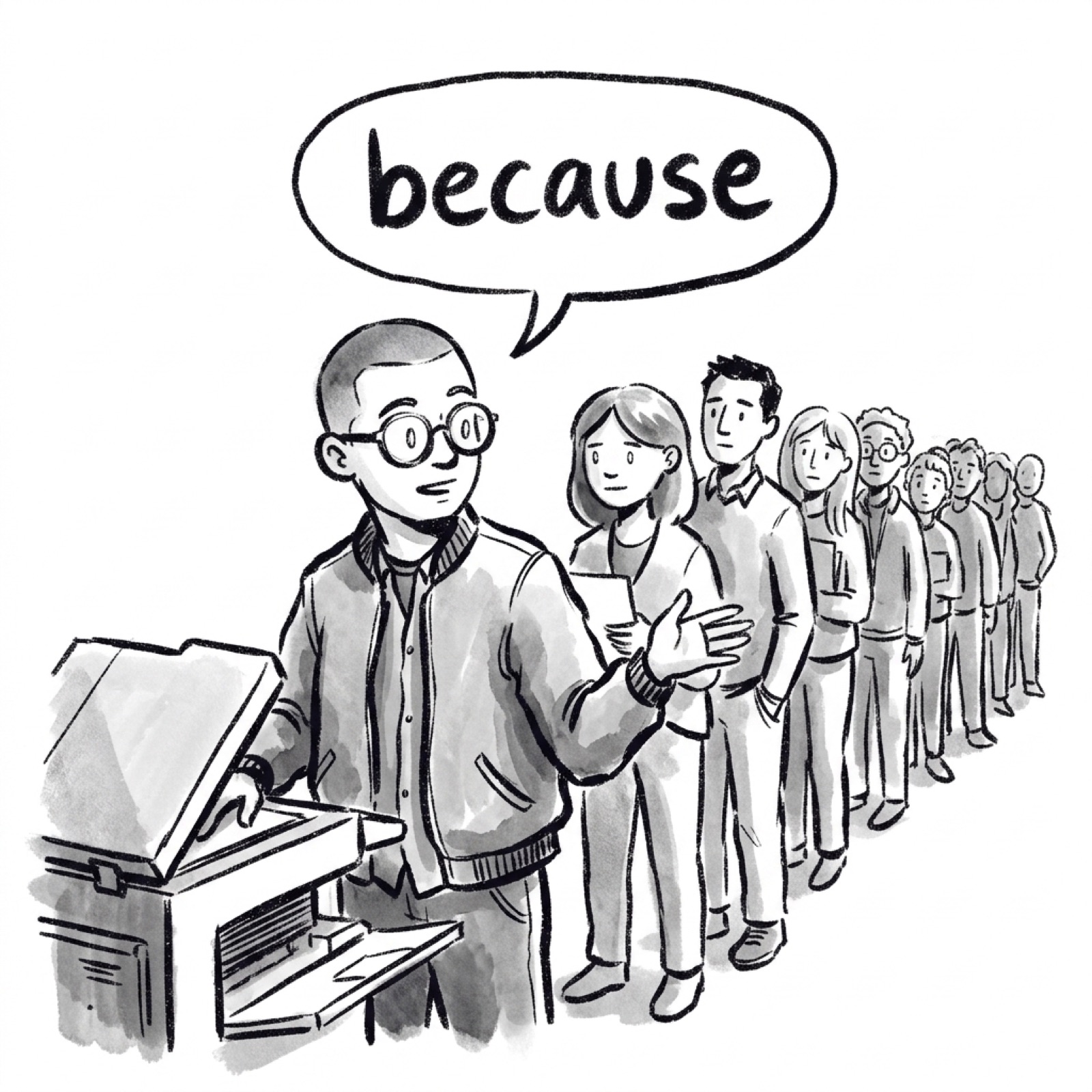 A product manager asks to cut in at a photocopier line, with a hand-lettered 'because' speech bubble overhead