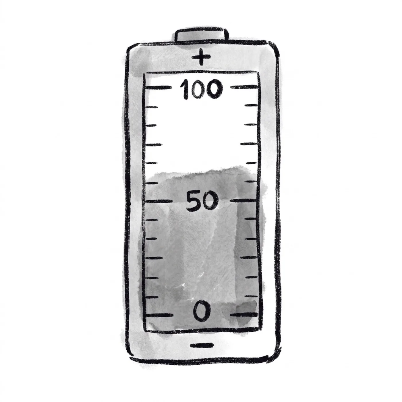 A battery-style energy meter marked from 0 to 100, charged a little past halfway