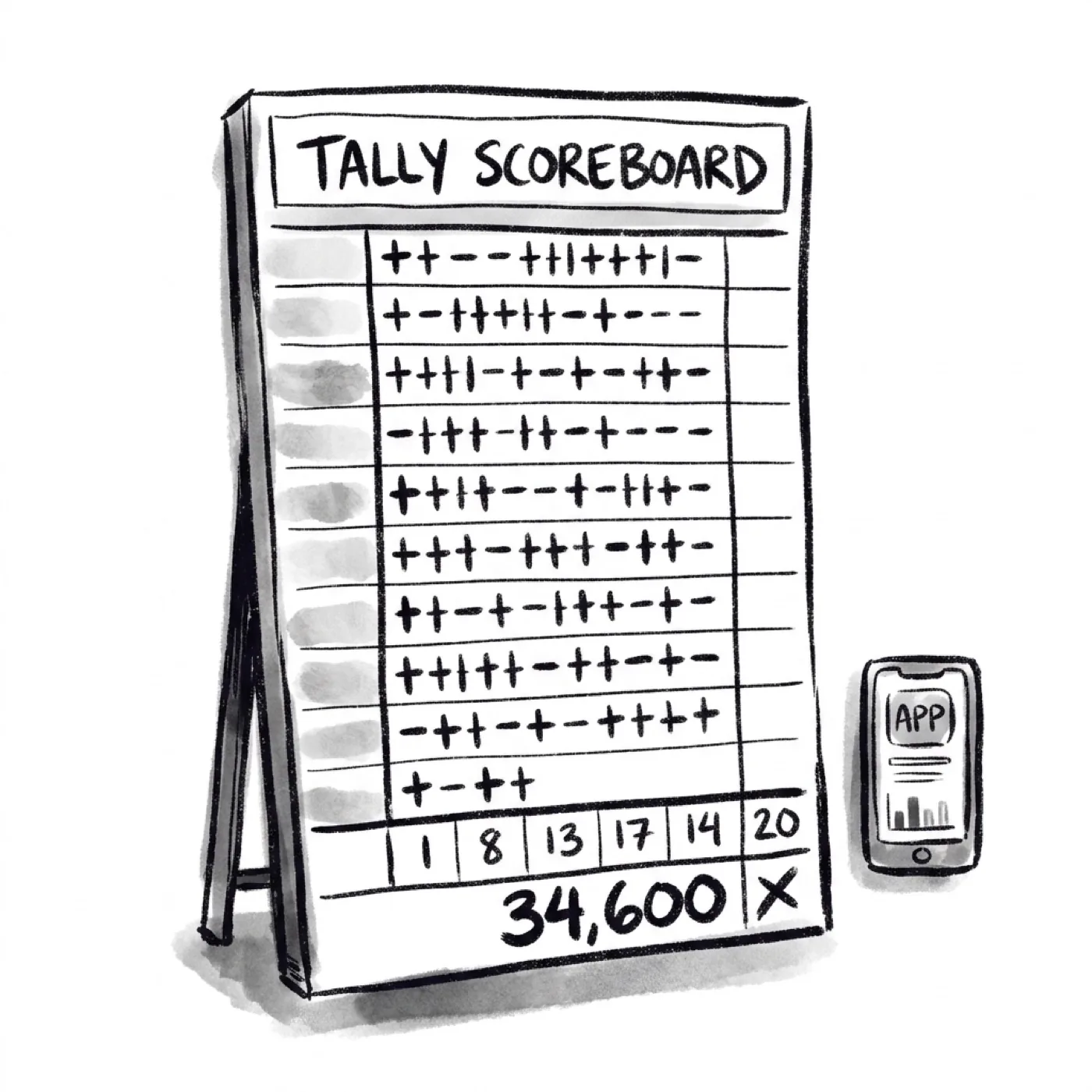 A tally scoreboard covered in plus and minus marks next to a small phone mockup