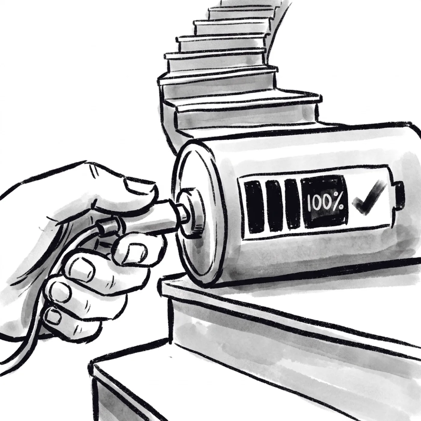 A hand tops up a battery to full at the foot of a steep uphill staircase