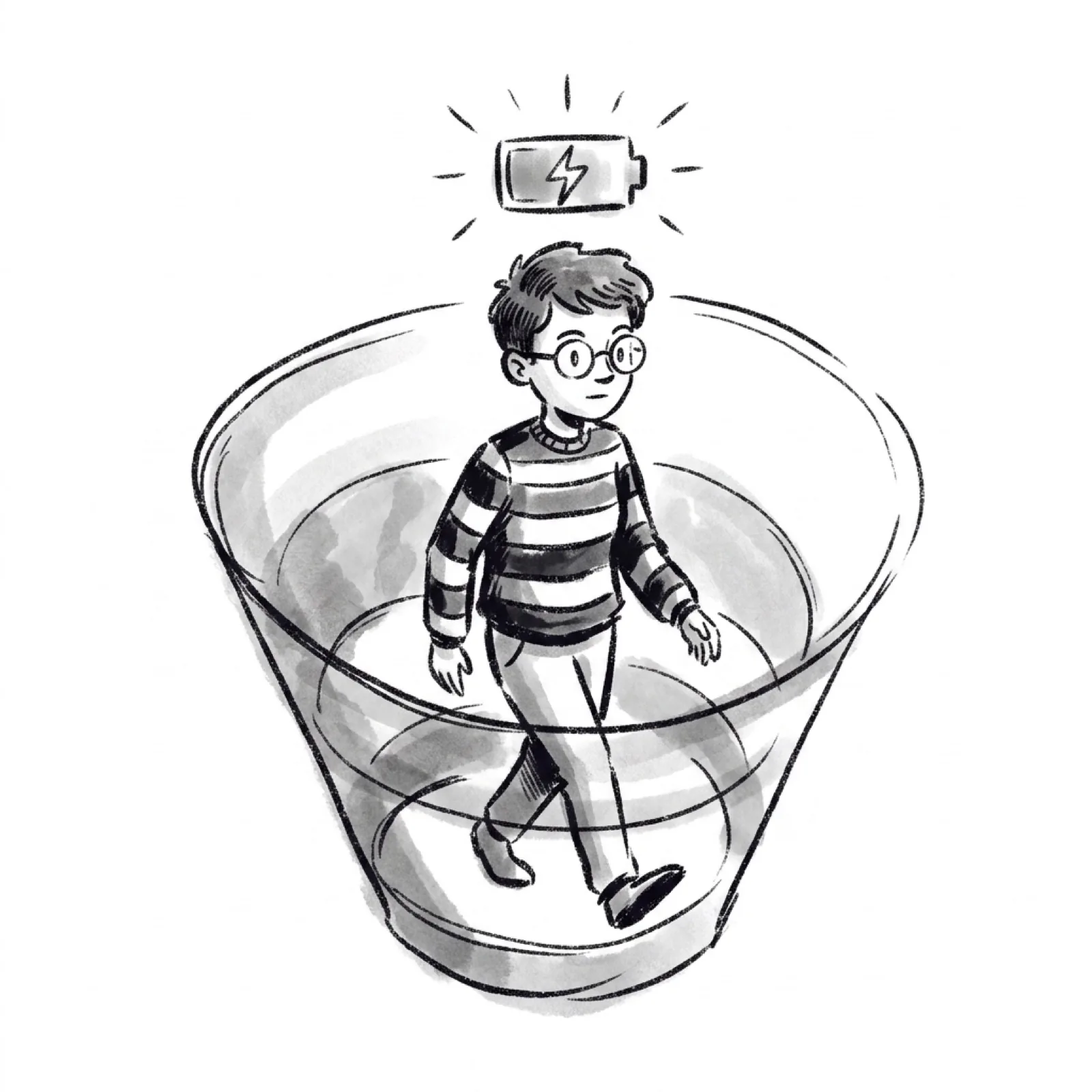 A product manager walks down inside a giant funnel with a glowing energy meter above their head