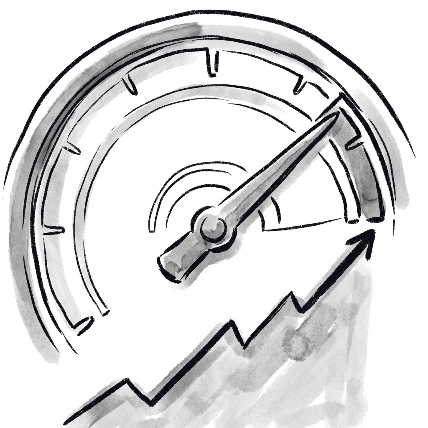 A gauge needle pushed into the top zone above a rising line chart