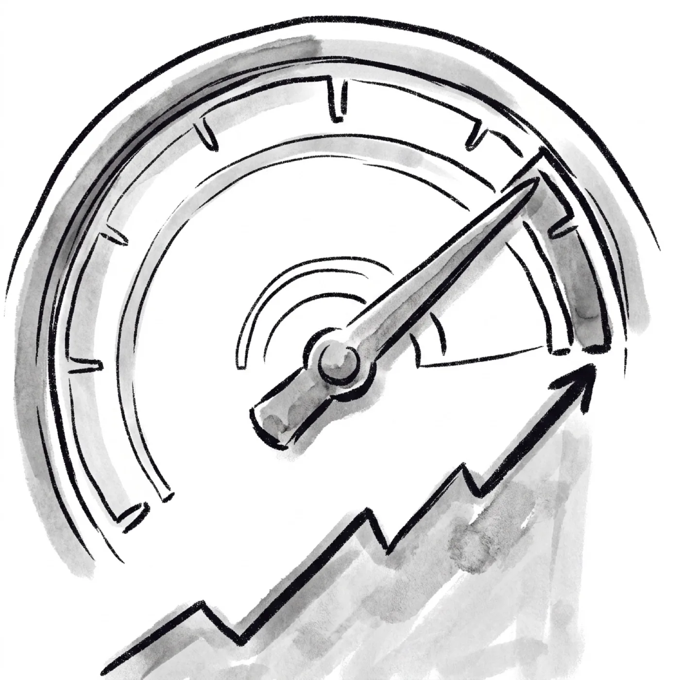 A gauge needle pushed into the top zone above a rising line chart