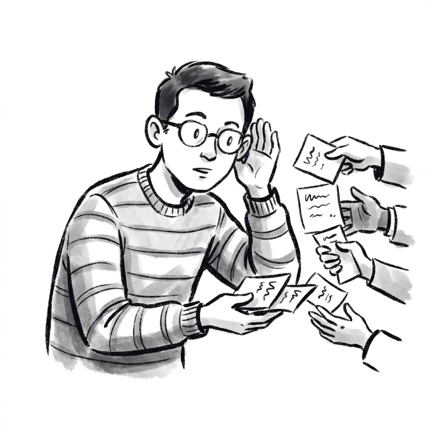 A product manager cupping his ear to listen while customers hand him note slips