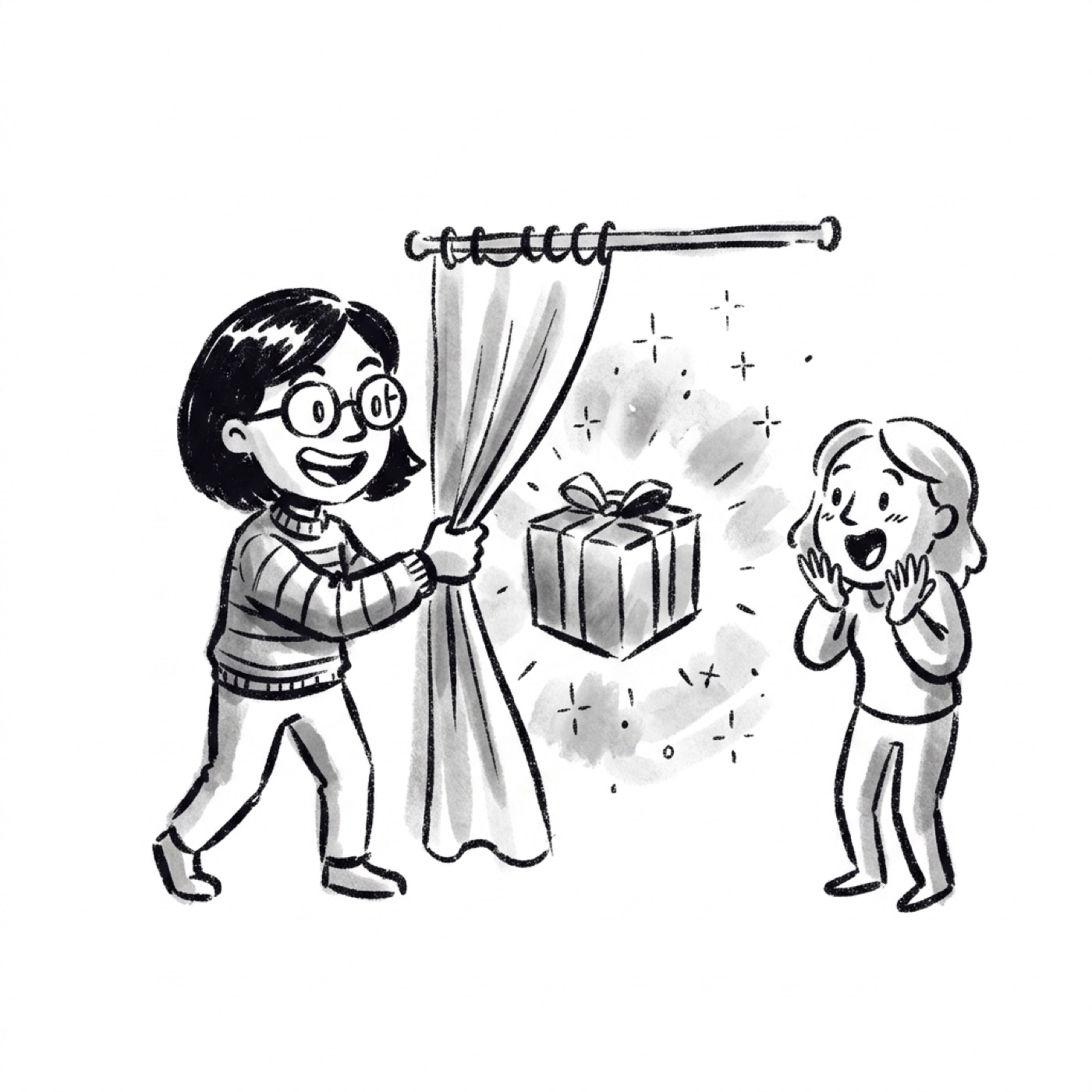 A product manager pulling back a curtain to reveal a glowing surprise, delighting a customer