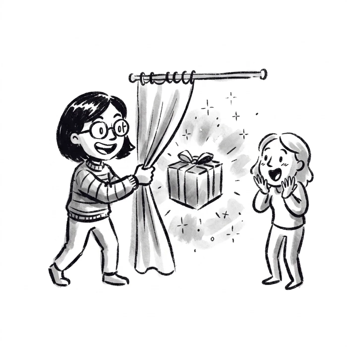 A product manager pulling back a curtain to reveal a glowing surprise, delighting a customer