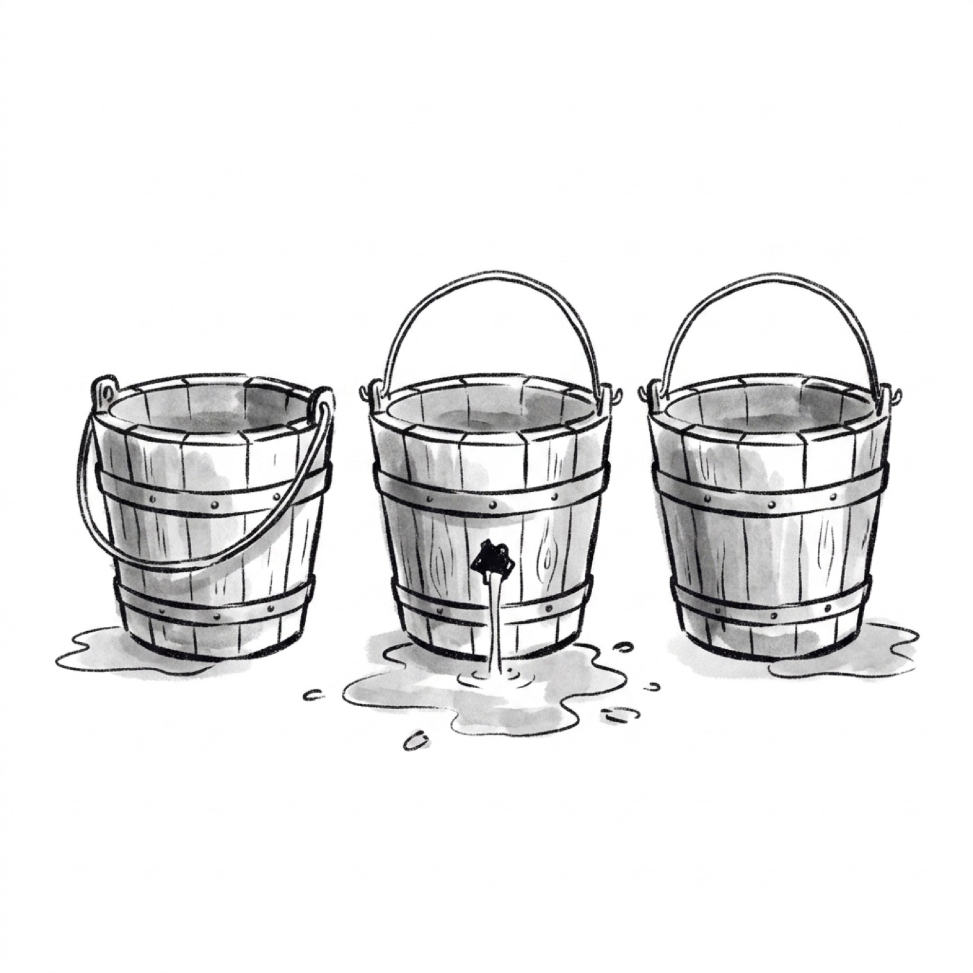 Three buckets in a row, the middle one leaking water through a hole in its base