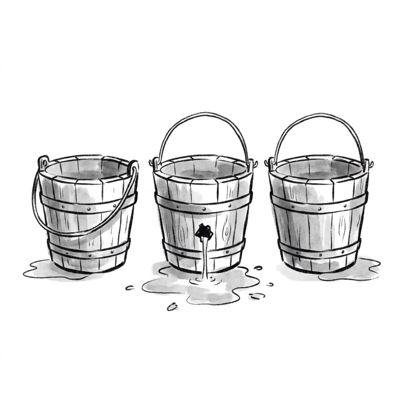 Three buckets in a row, the middle one leaking water through a hole in its base