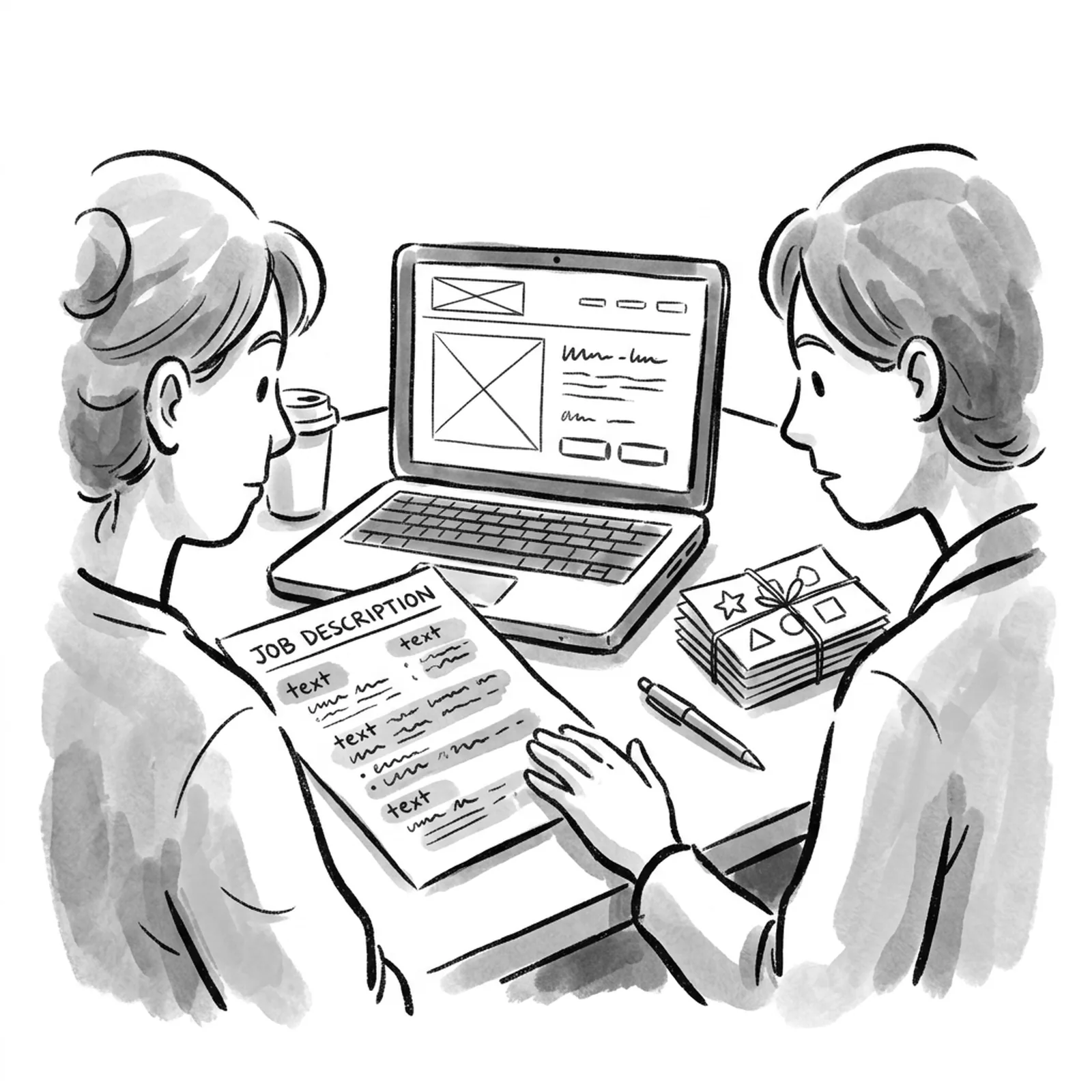 A product manager at a desk with a highlighted printed job description next to a laptop showing a half-built app prototype