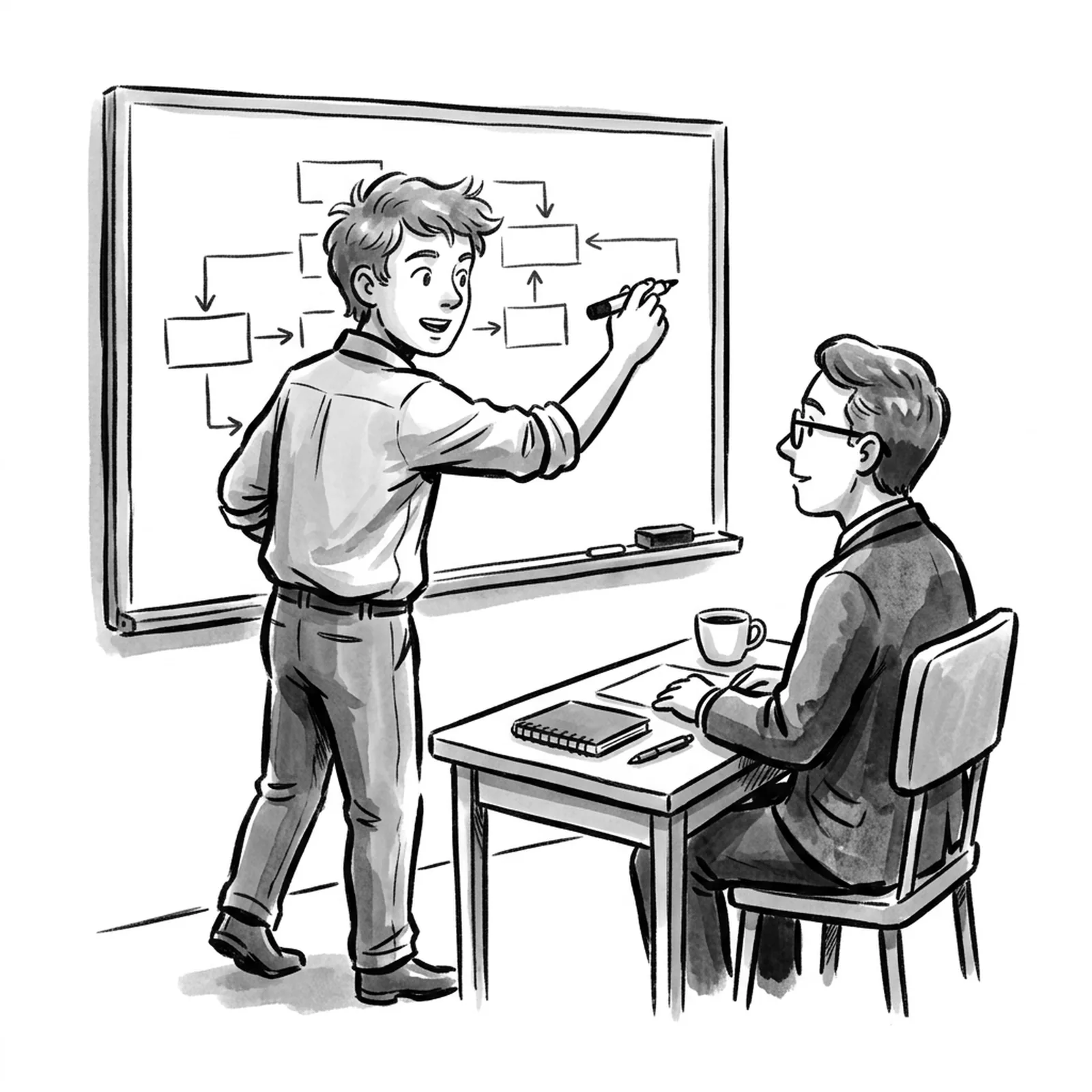 A candidate at a whiteboard mid-explanation, drawing boxes and arrows, while an interviewer across a small table listens with a closed notebook