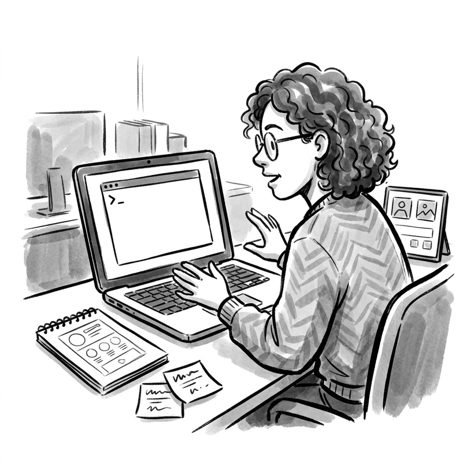 A product manager at a desk talks to a laptop showing a plain terminal window while a paper prototype sketch and sticky notes of customer quotes sit beside the keyboard