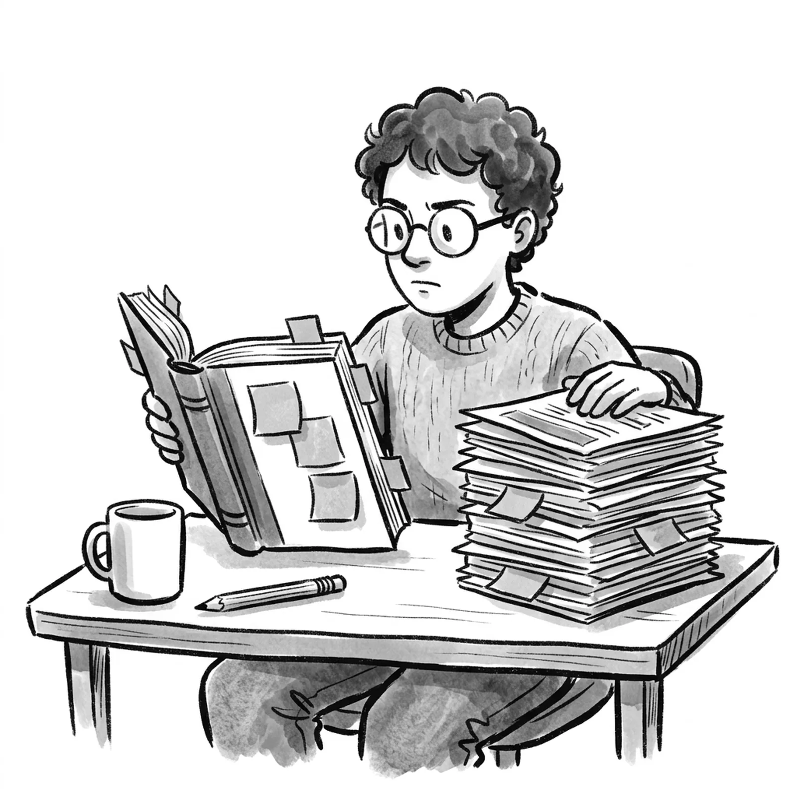 A product manager at a desk comparing a thick printed course syllabus with a stack of printed job postings, sticky notes marking where the two disagree