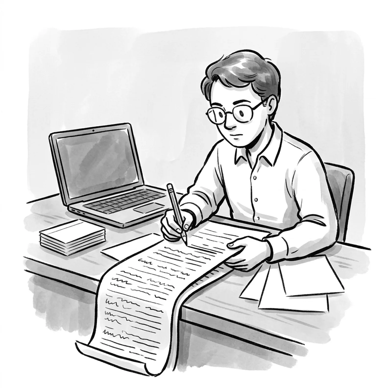 A product manager at a desk reading a long printed transcript with a pencil, marking some lines, while a laptop and a small stack of test cards sit beside them