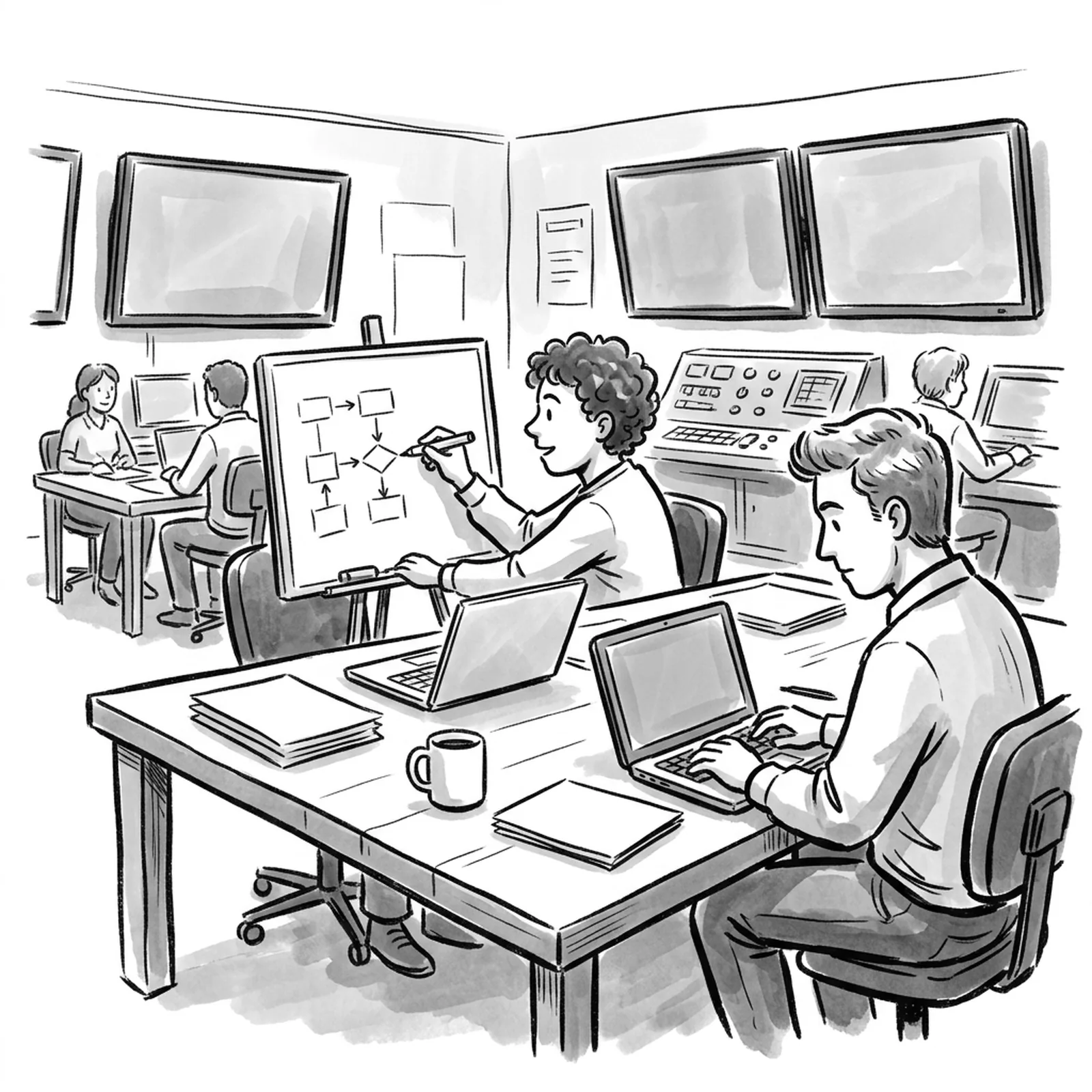 A product manager with a laptop sits at a long table inside a customer's busy operations room, sketching a workflow on a blank whiteboard while an engineer beside them types