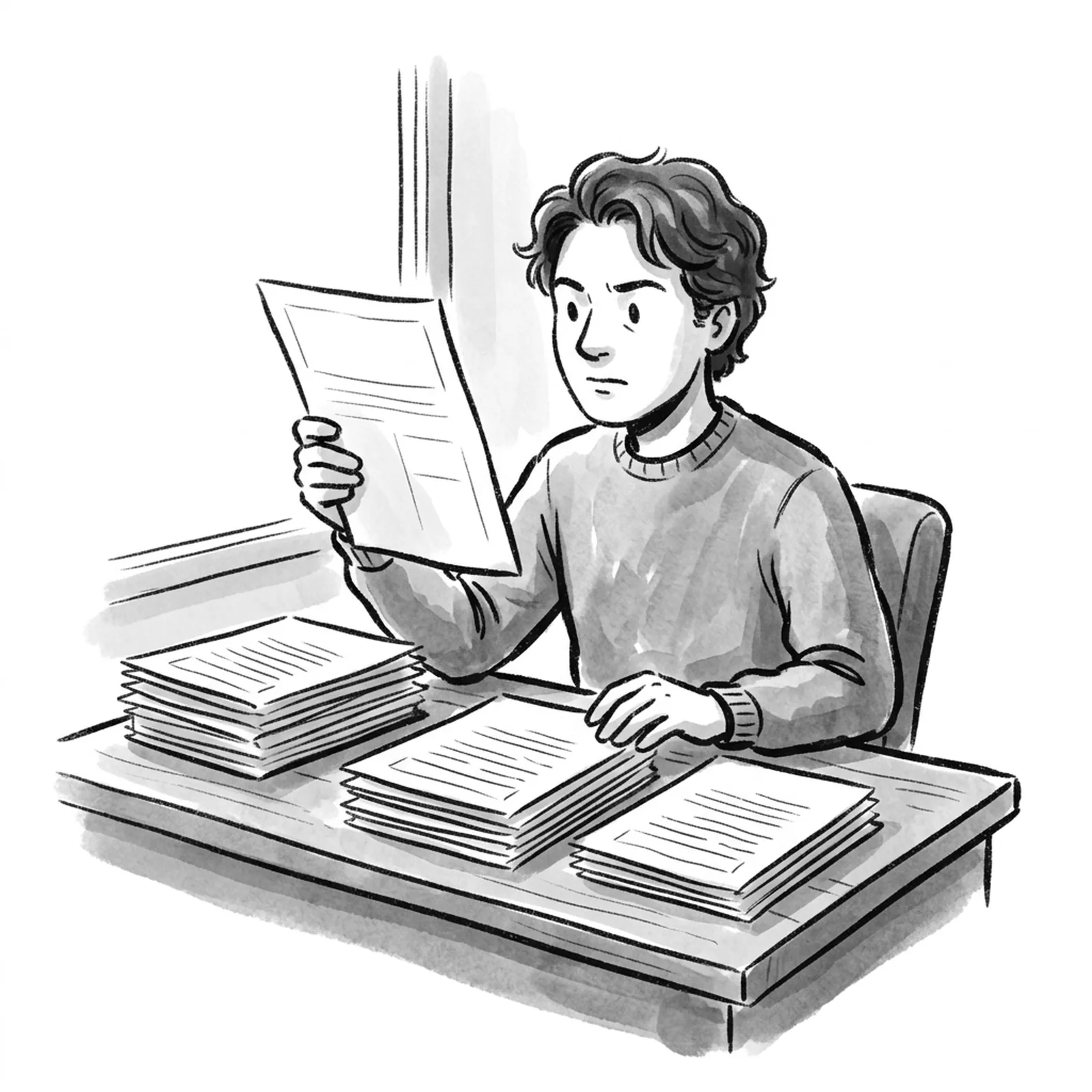 A product manager at a desk sorting a stack of printed job descriptions into five piles, one sheet held up to the light