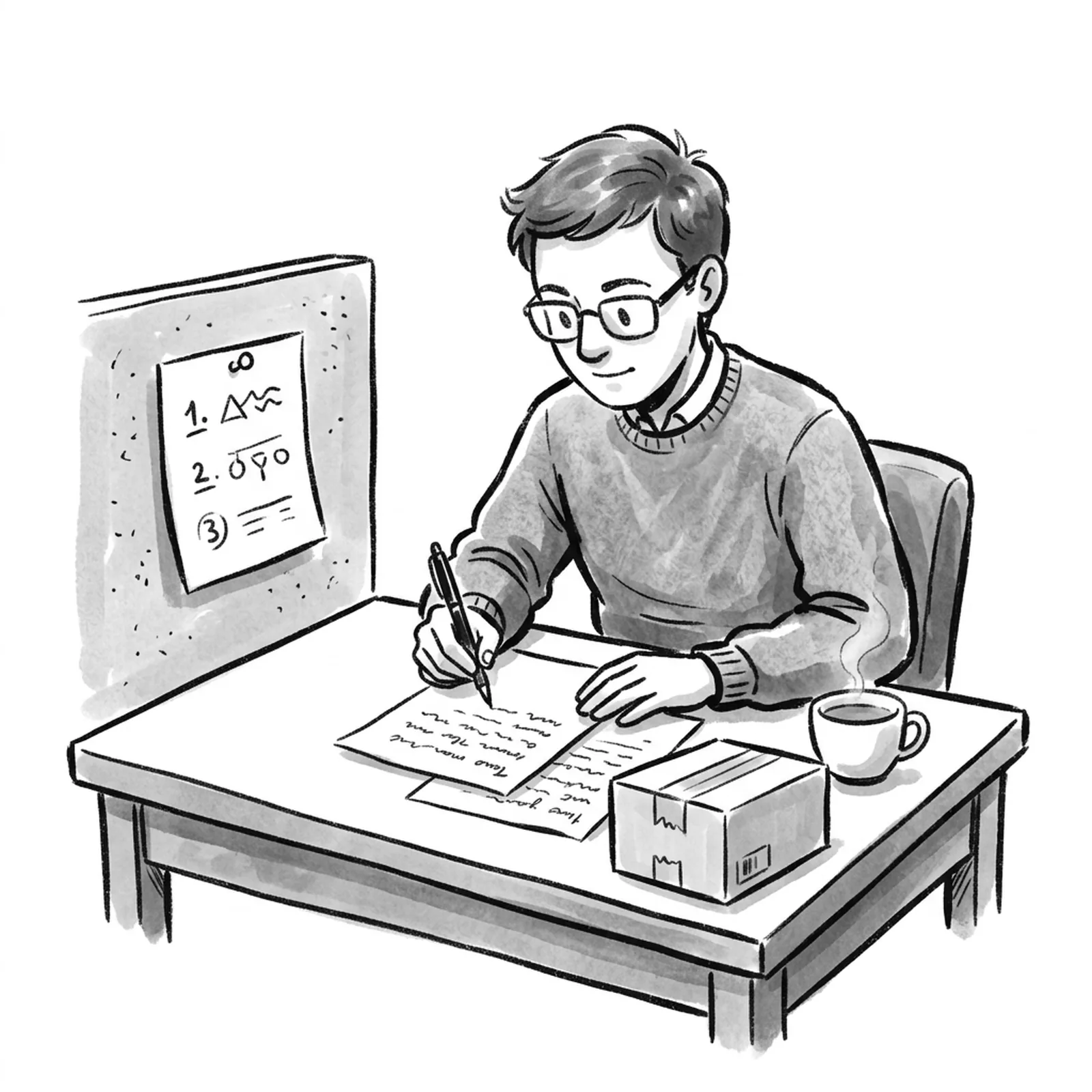 A candidate at a small desk writing a two page memo by hand, a printed sheet of numbered principles pinned beside it, a cardboard shipping box and a cup of tea on the table