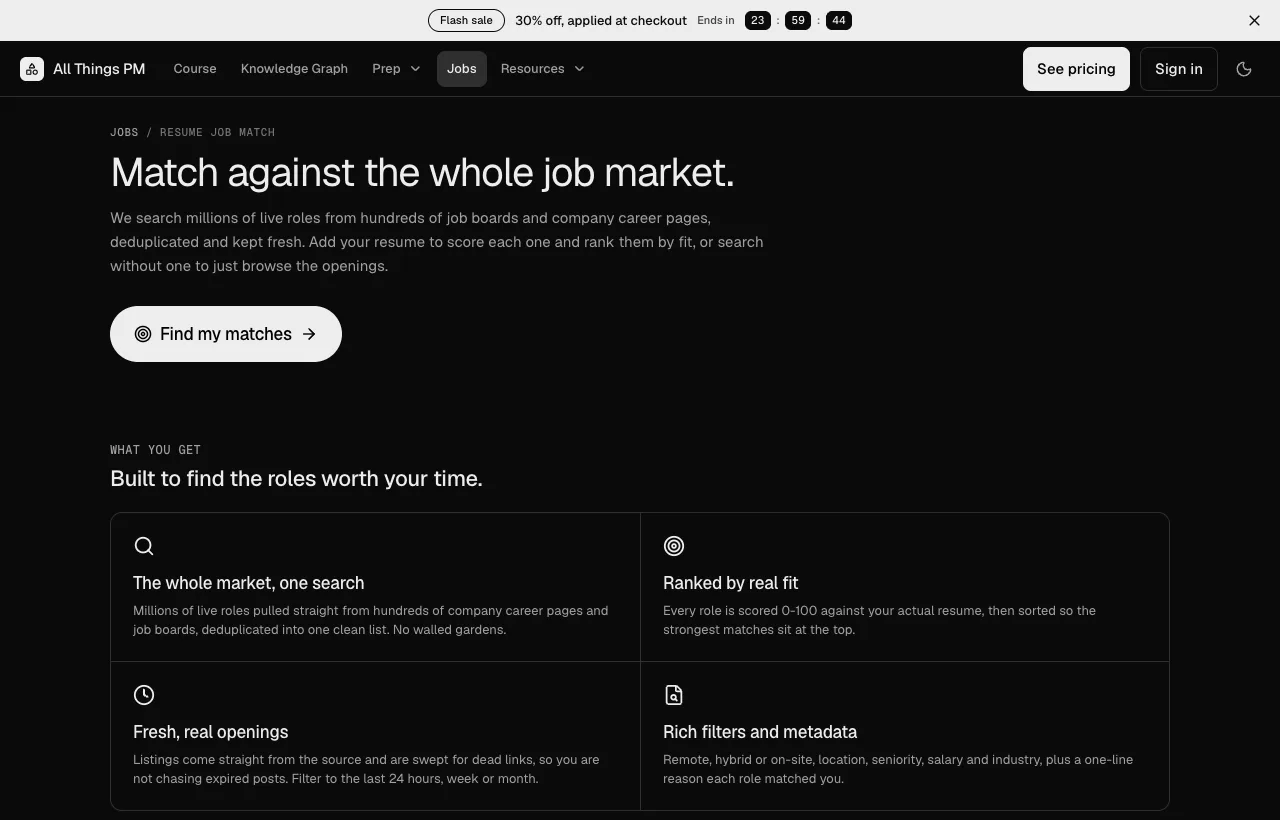 AllthingsPM Resume Job Match ranks live roles against your resume, September 2026 The AllthingsPM Resume Job Match page: Match against the whole job market, with a Find my matches button and four feature cards for one search, fit ranking, fresh openings and filters