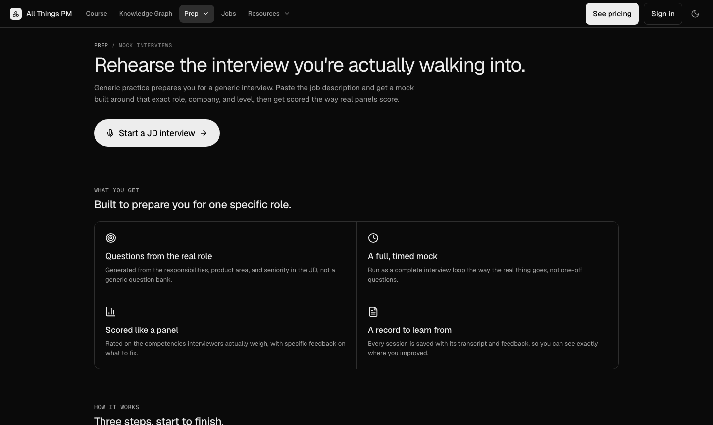 The allthingspm.app JD mock page: paste a job description, get a mock built for that role, scored like a panel