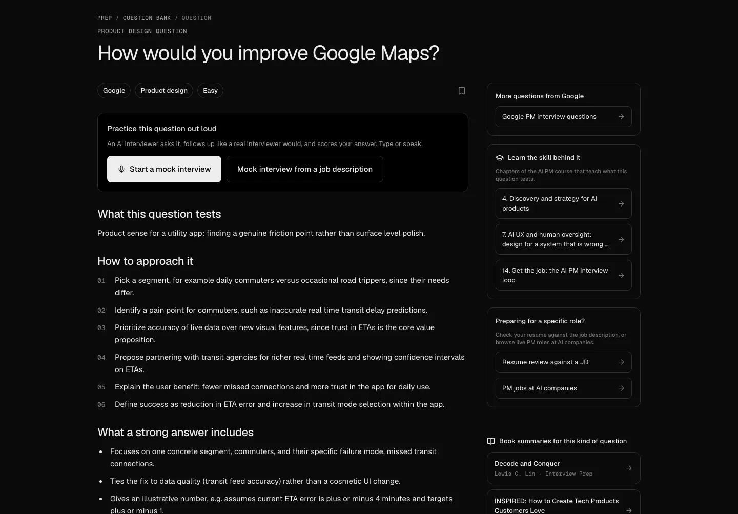 allthingspm.app question page for 'How would you improve Google Maps?', September 2026 A question page on AllthingsPM showing Practice this question out loud with Start a mock interview and Mock interview from a job description buttons, followed by the answer guide