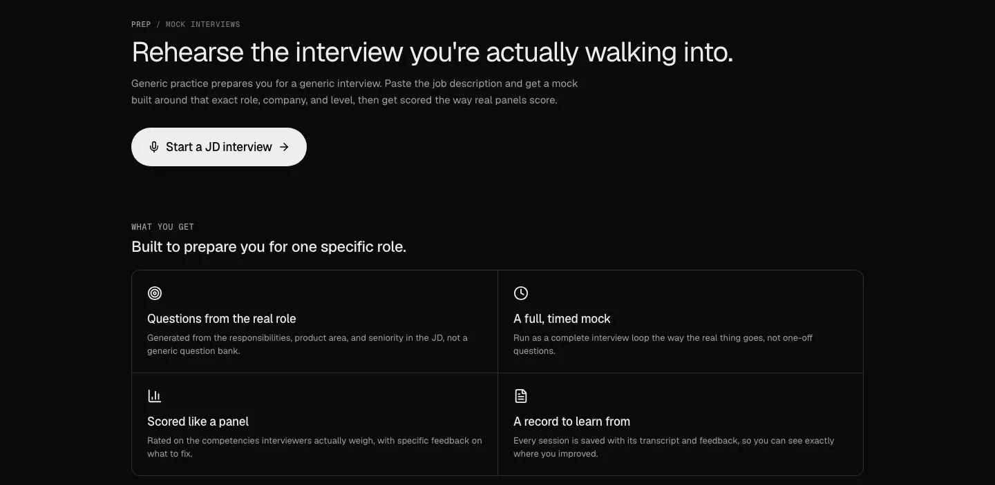 allthingspm.app JD mock page, September 2026 The AllthingsPM JD mock page: Rehearse the interview you're actually walking into, with a Start a JD interview button