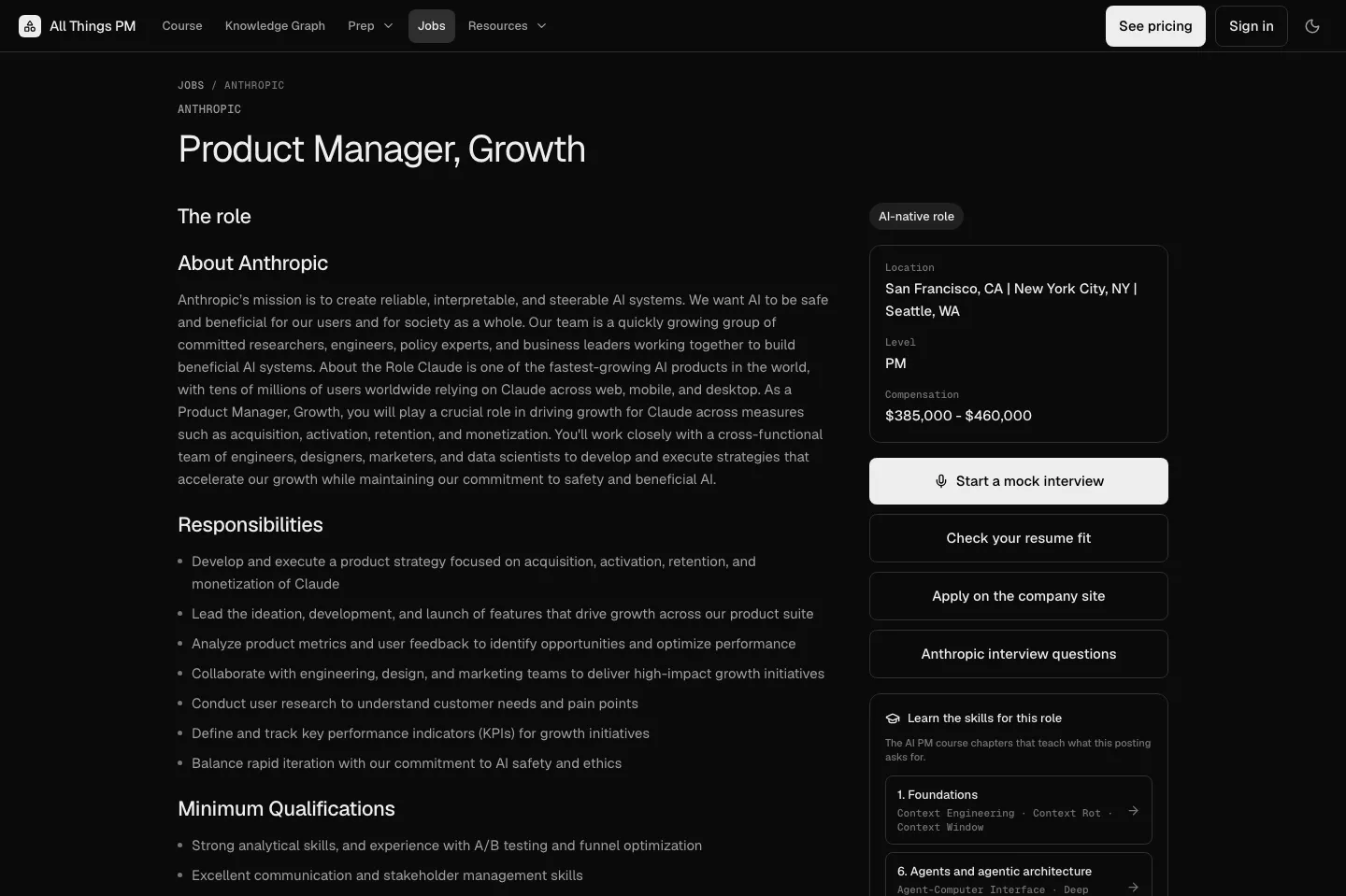 AllthingsPM jobs catalog: each live role has its own mock interview, September 2026 The AllthingsPM page for Anthropic's Product Manager, Growth role, with Start a mock interview, Check your resume fit and Anthropic interview questions buttons next to the job description