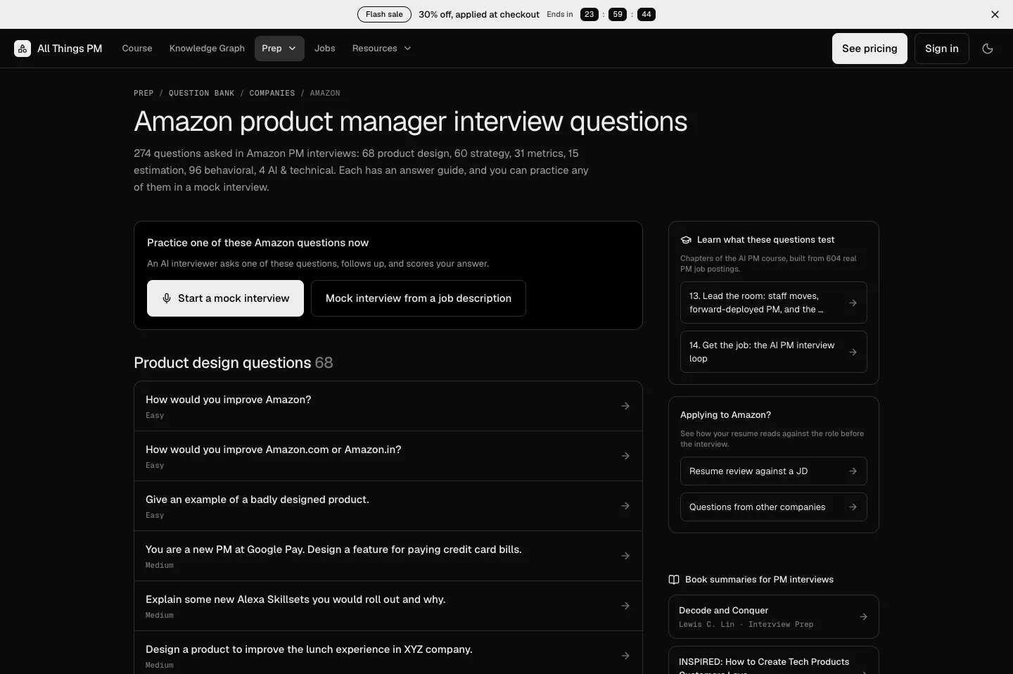 The Amazon question hub on AllthingsPM, September 2026 The AllthingsPM Amazon question hub, listing 274 questions by type with Start a mock interview and Mock interview from a job description buttons
